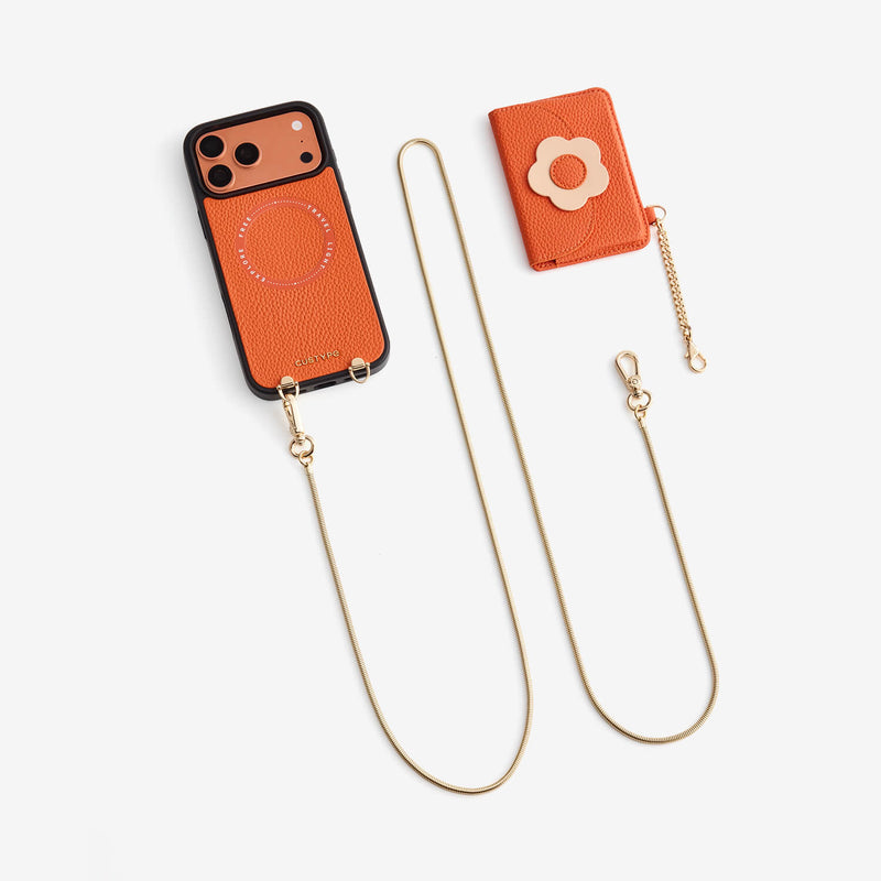Utility orange iPhone 18 pro case with card slots and metal chain for vacation