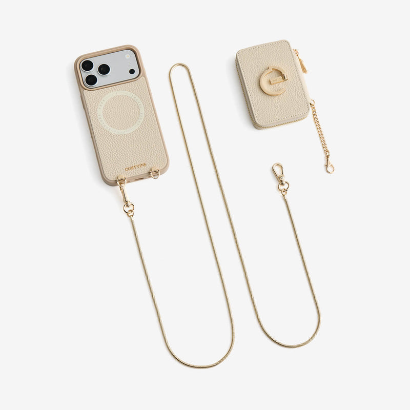 Elegant beige iPhone 18 Pro Max crossbody phone case and card wallet set, keeping your essentials close on the go