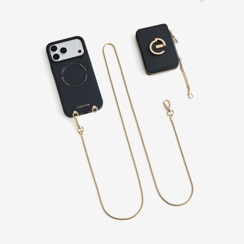 Black iPhone 18 Pro case set with chain strap and wallet for a thoughtful gift