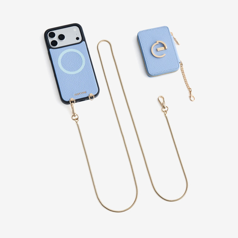 Premium blue iPhone 18 Pro magnetic case with chain strap and zip wallet for organized storage