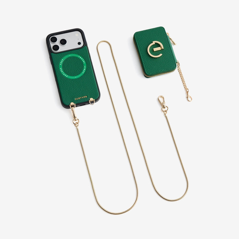 Green iPhone 18 Pro Max MagSafe case with chain strap and zipper wallet for style and function