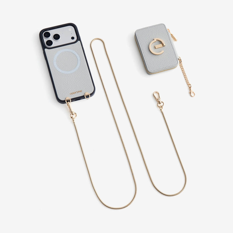 Light Gray iPhone 18 Pro phone case set with chain strap and wallet, perfect for travel