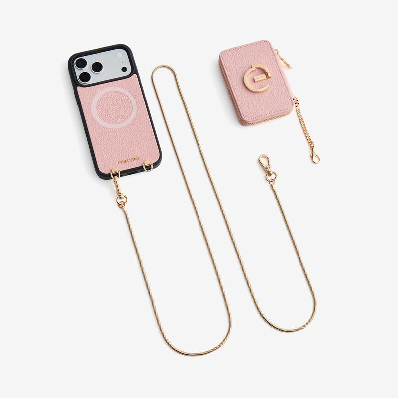 Light Pink iPhone 18 Pro Max case and wallet set with slim chain strap for work and travel.