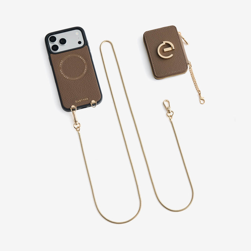Mocha iPhone 18 Pro Max crossbody case with wallet and chain strap for stylish everyday life