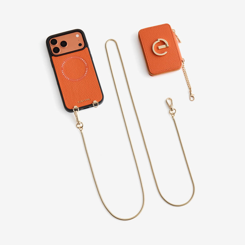 Orange magnetic phone case for iPhone 18 Pro Max with a detachable chain strap and zip-around wallet for versatile use