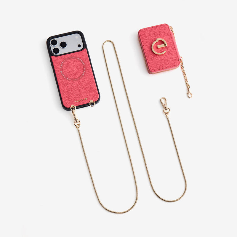 Peach Pink iPhone 18 Pro crossbody chain with hands-free carry for shopping