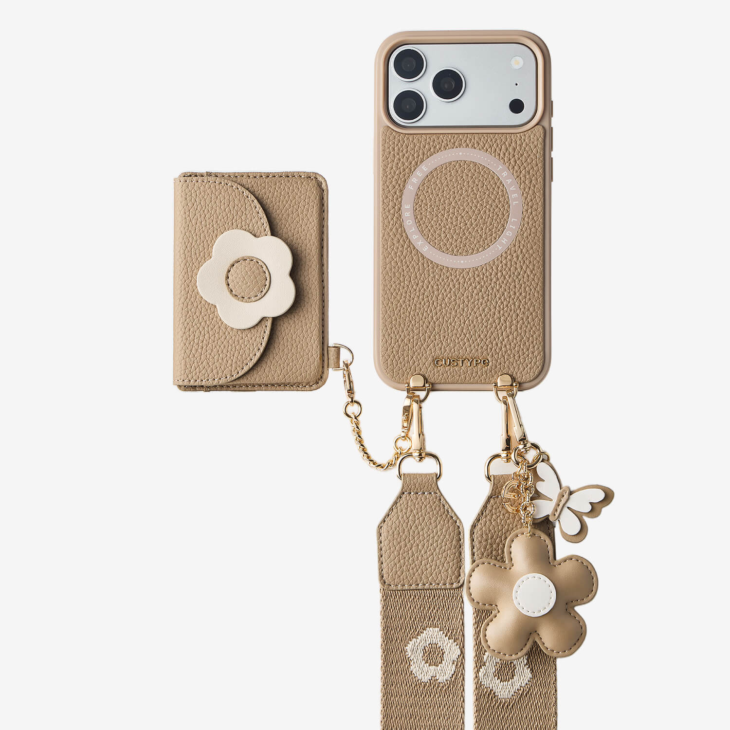 Crossbody Phone Case with Card Holder & Floral Charms | iPhone