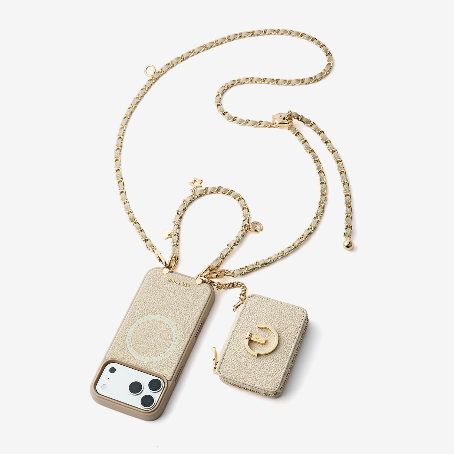 ストラップ付きマグネット式　ウォレット型　スマホケース　ベージュ　Custype Allure Chain Series- Lanyard Magnetic Wallet Phone Case with