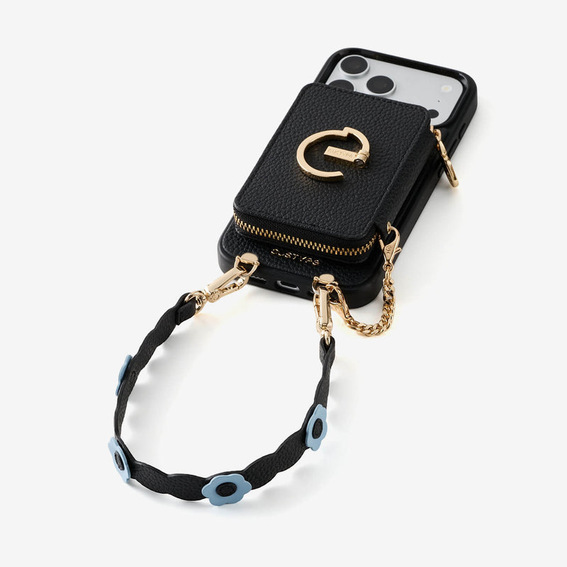 Black iPhone 18 Pro Max phone case with wrist strap and card holder
for workdays



