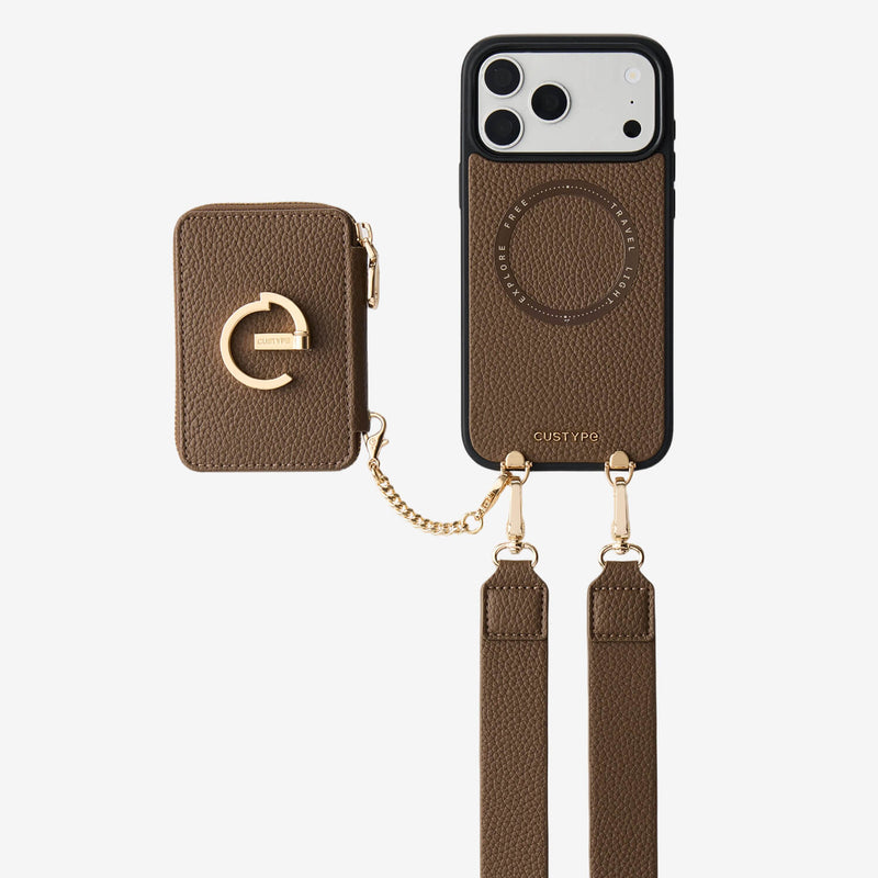 Brown iPhone 17 pro max case with detachable strap and cardholder for shopping
