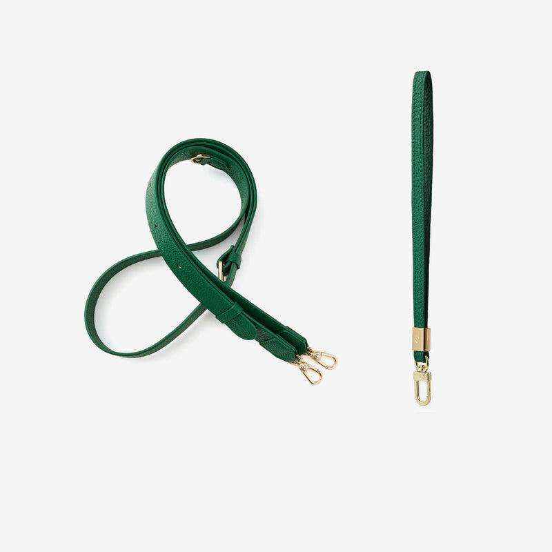 Green phone crossbody strap and wristlet with gold hardware for hands-free