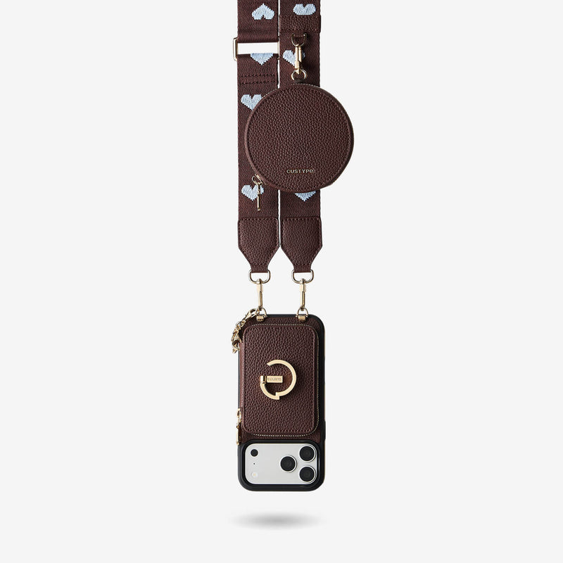 Brown iPhone 17 pro max card holder case with detachable strap