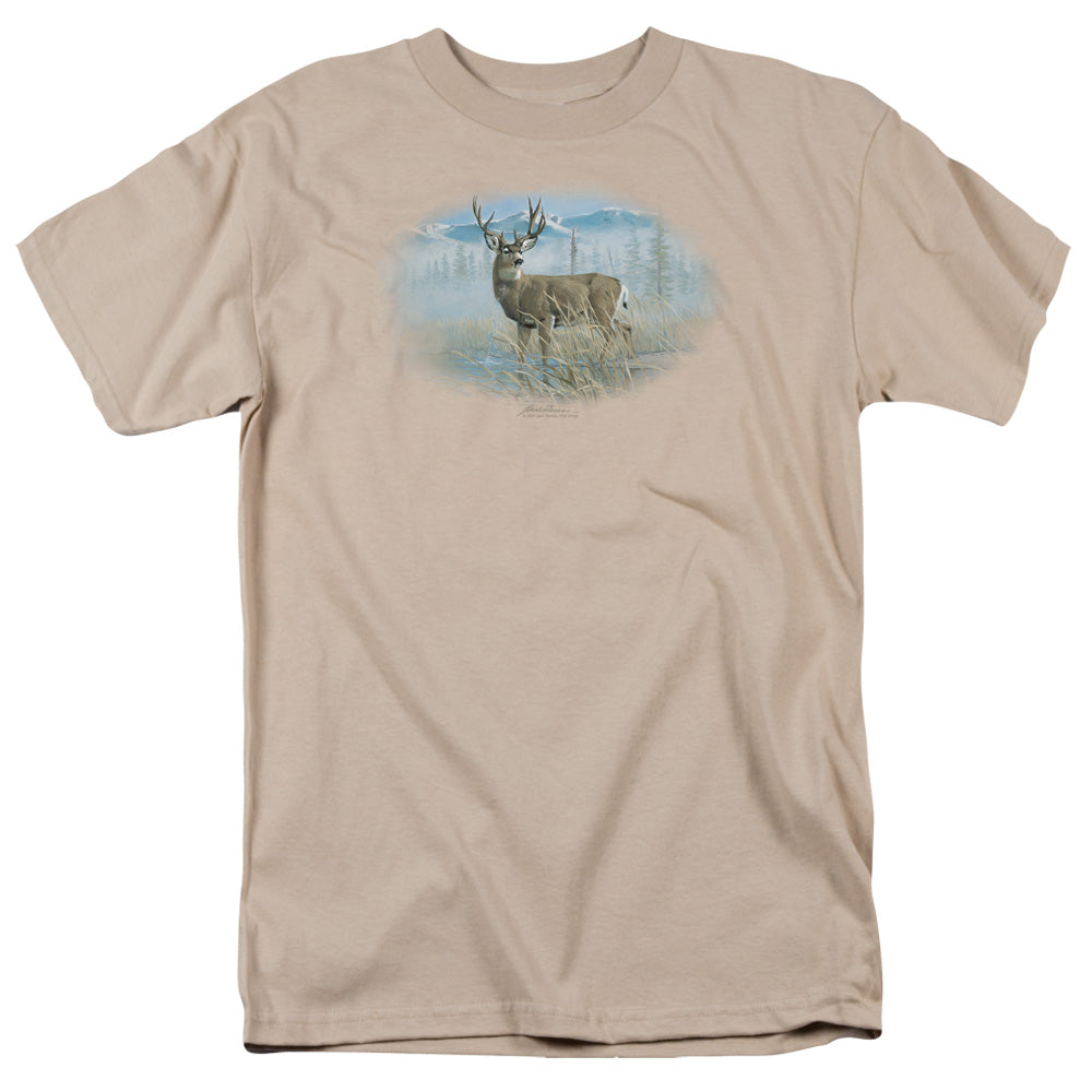 Wildlife Out Of The Mist Mule Deer Mens T Shirt Sand