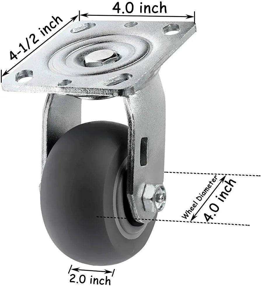 Maximize Mobility and Durability with 4-inch Crowned Thermoplastic Rubber Swivel Plate Casters - 1400 lbs Total Capacity (4 Pack: 4 Swivel, 2 with Brake)