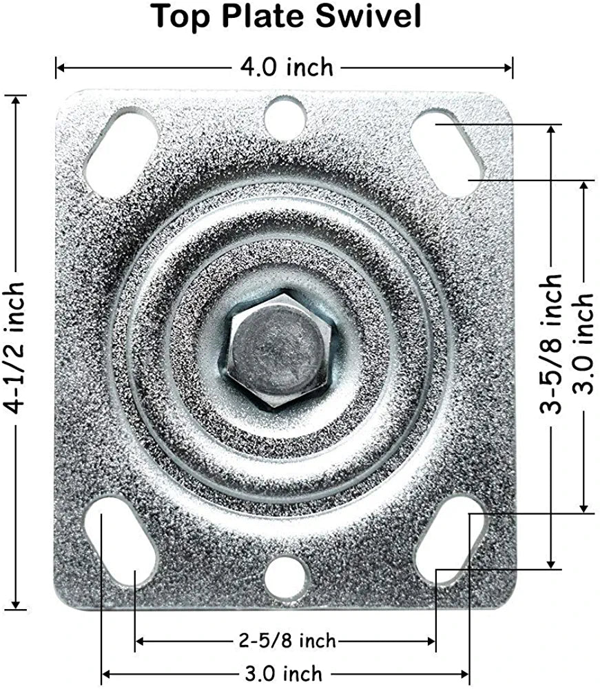 Heavy Duty 6-Inch Plate Casters - Set of 4 Swivel Rubber Mold on Steel Wheels with 2400 lbs Total Capacity and 2-Inch Extra Width Top Plate