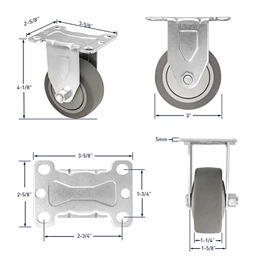 Set of 4 Thermoplastic Rubber Plate Casters - 3 Inch Wheels with 1000 lbs Total Capacity - Swivel and Rigid Options Available