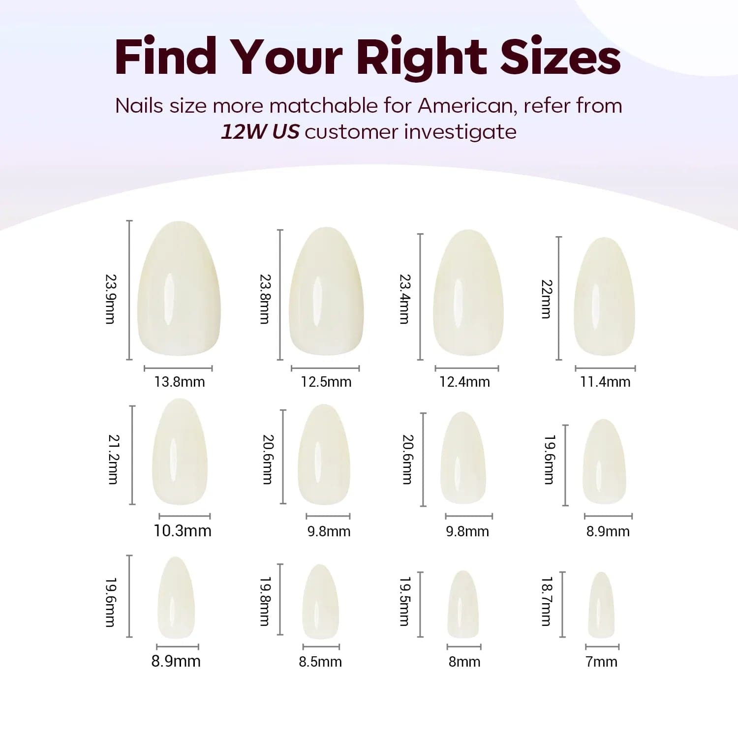 Milky Way - 24 Fake Nails 12 Sizes Short Almond Press on Nails Kit