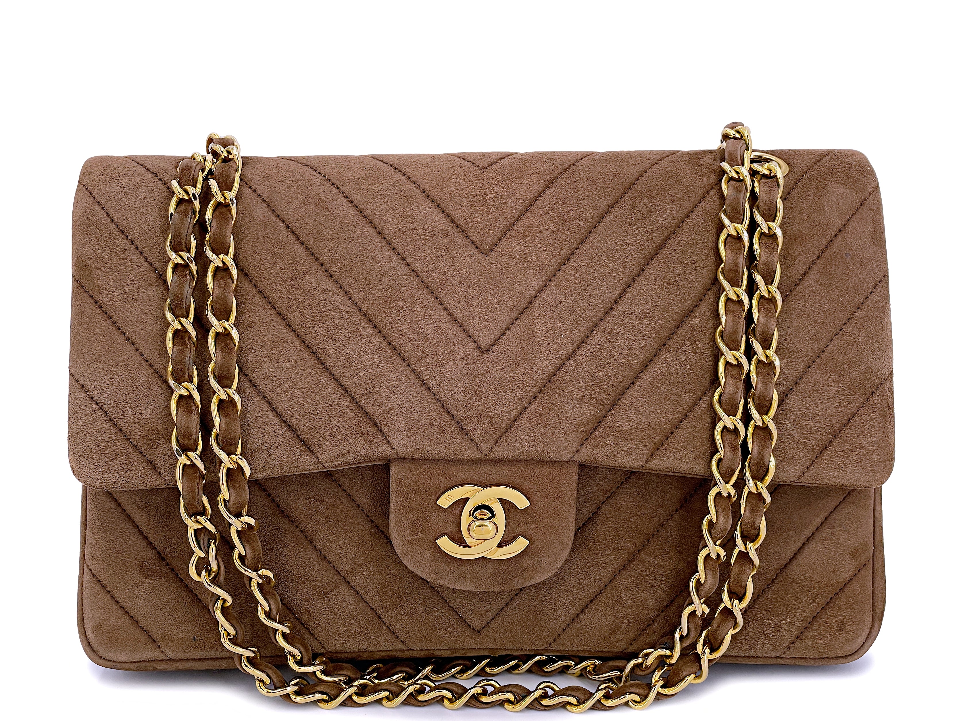 Chanel 1990 Vintage Suede Taupe Chevron Medium Flap Bag 24k GHW