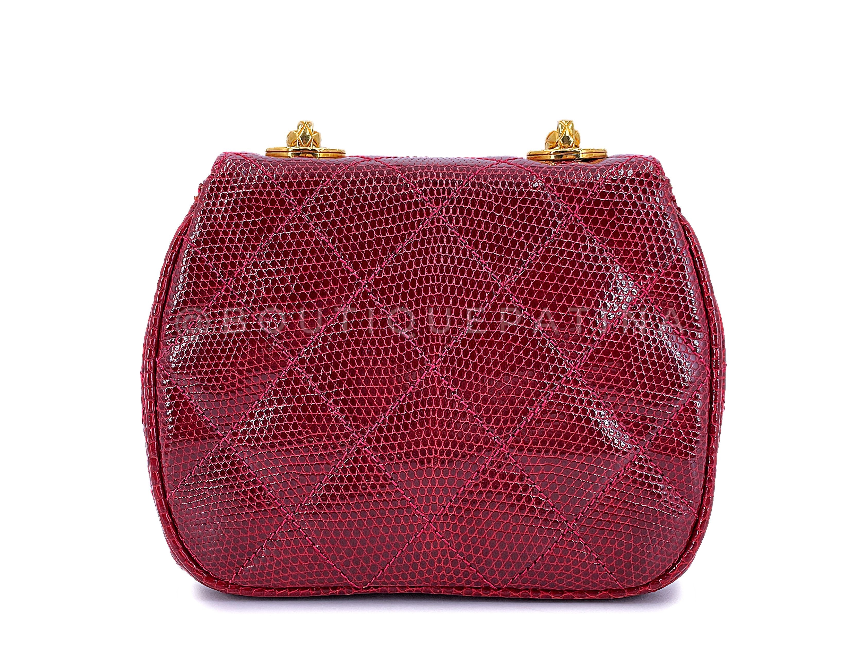 Chanel Vintage Lizard Mini Flap Bag 1980s Rare Red Etched Chain Round