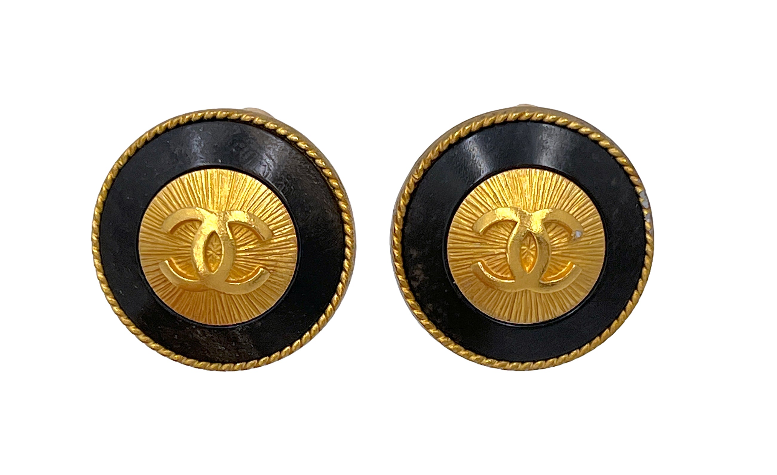 Chanel Vintage 94P Gold Sunburst Logo and Dark Wood Stud Earrings