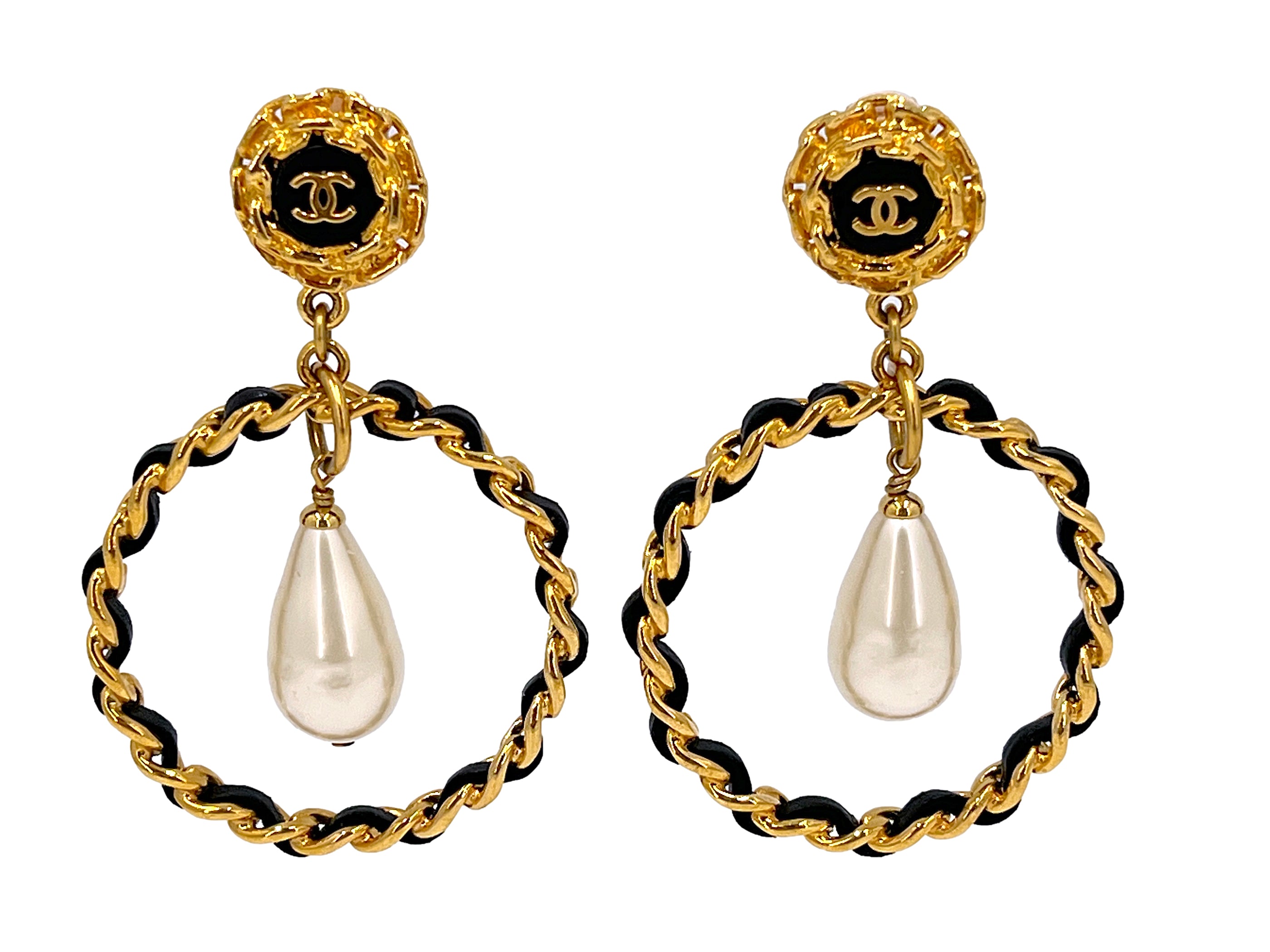 Chanel Vintage 95A Pearl Drop Woven Hoop Earrings