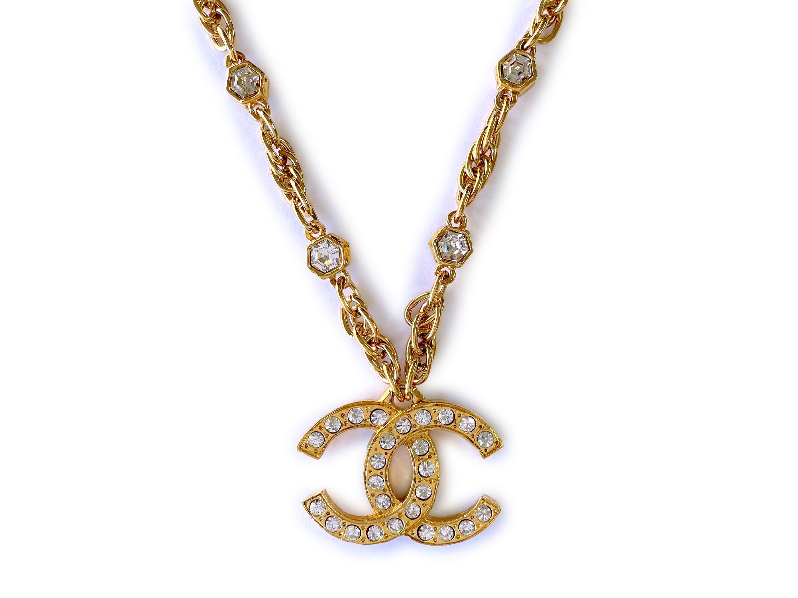 Chanel Vintage 1980s Large Crystal CC Logo Pendant Long Studded Necklace