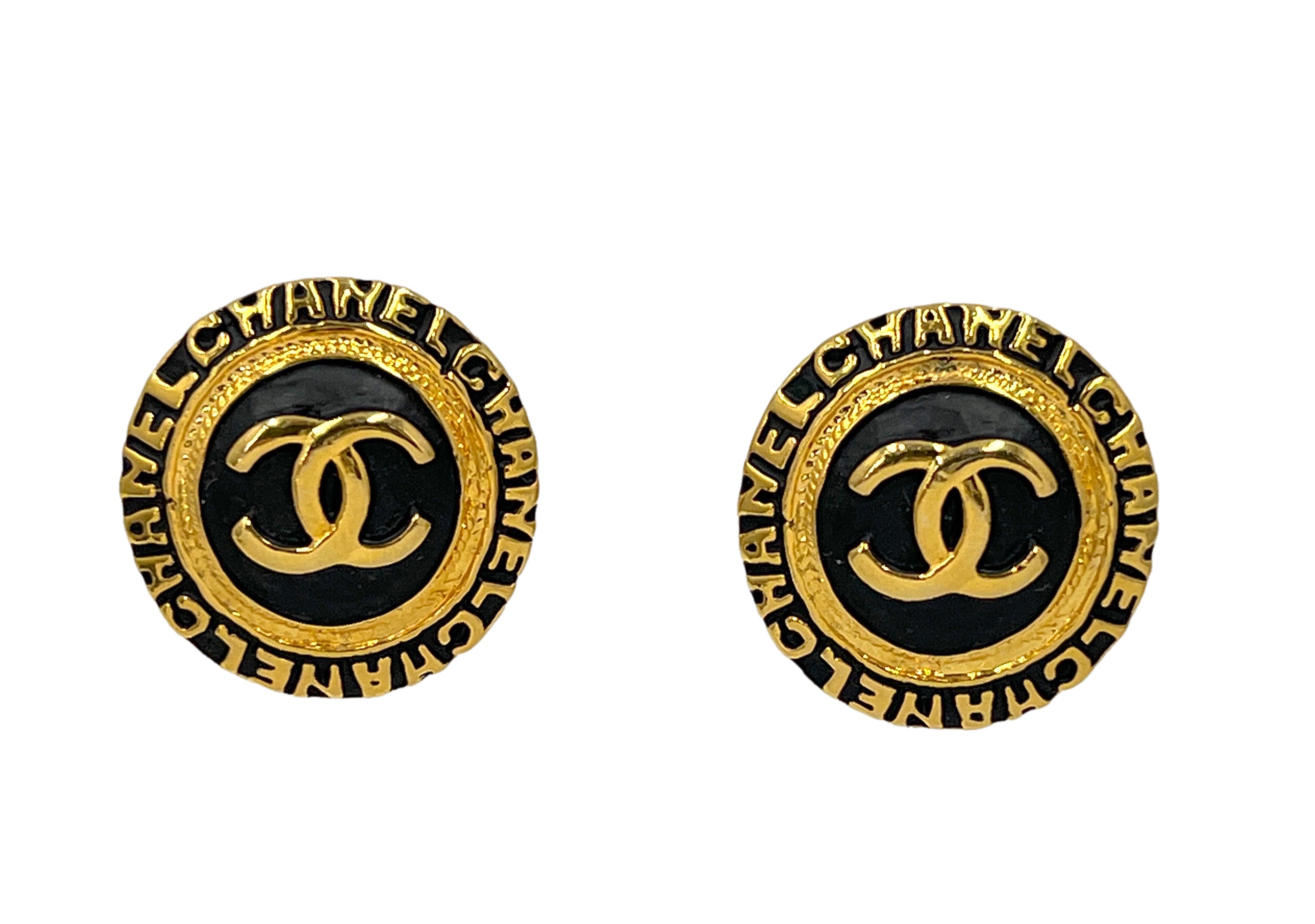Chanel Vintage Black and Gold Logo Stud Earrings