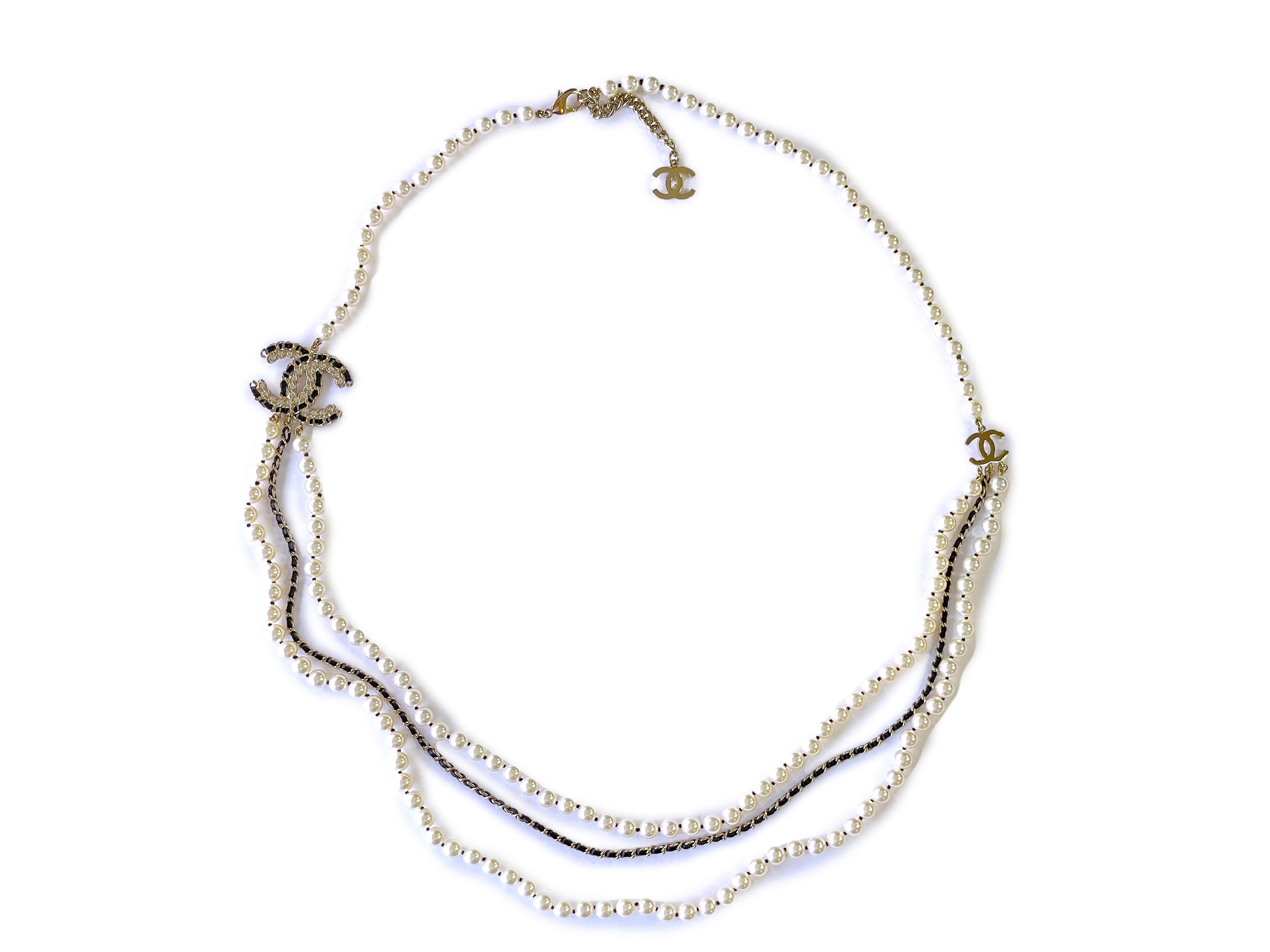 Chanel 20C Long Pearl Necklace Triple Strand Crystal Woven CC