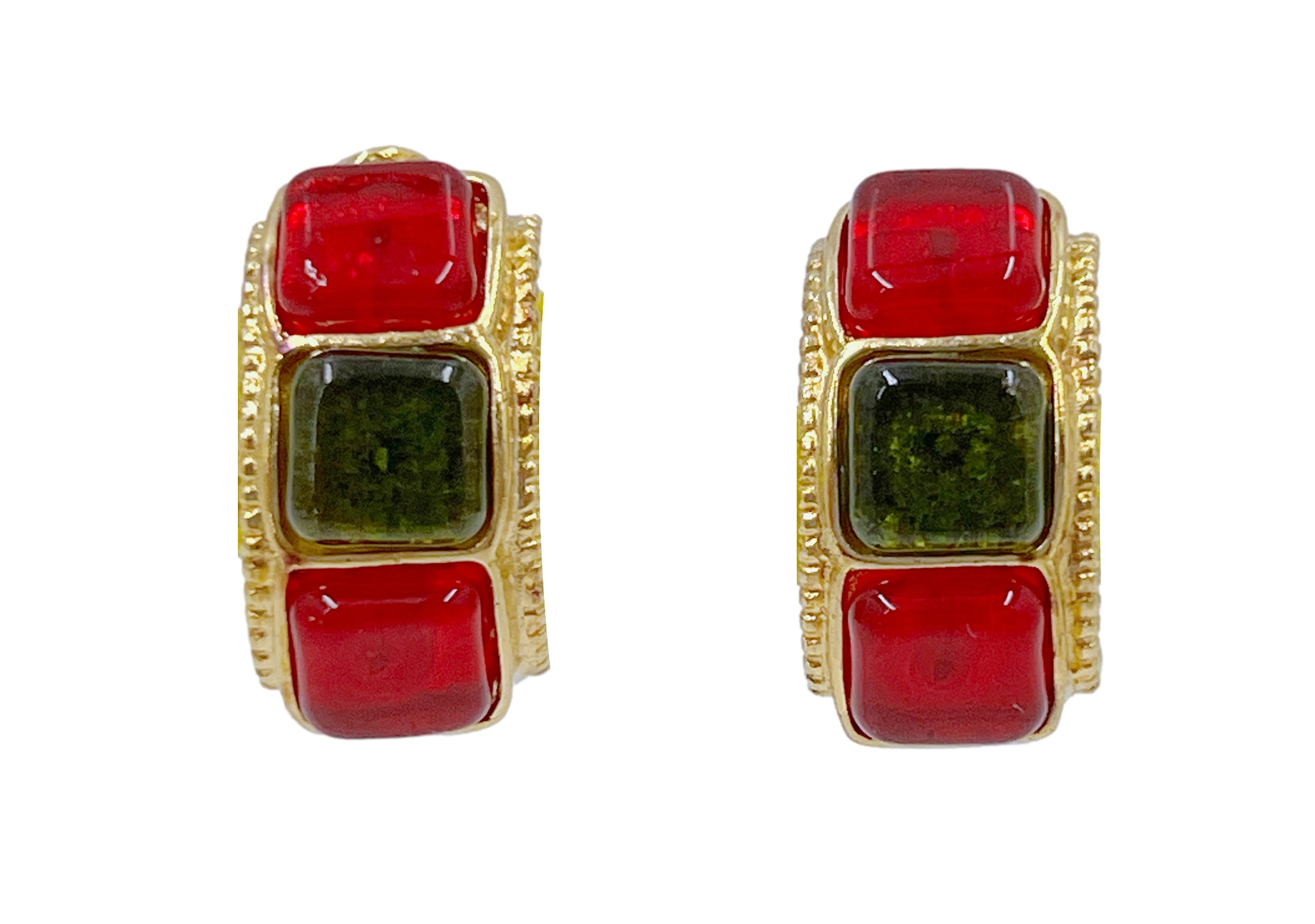 Chanel Gripoix Earrings Red and Green Vintage 97A Stone Hoop