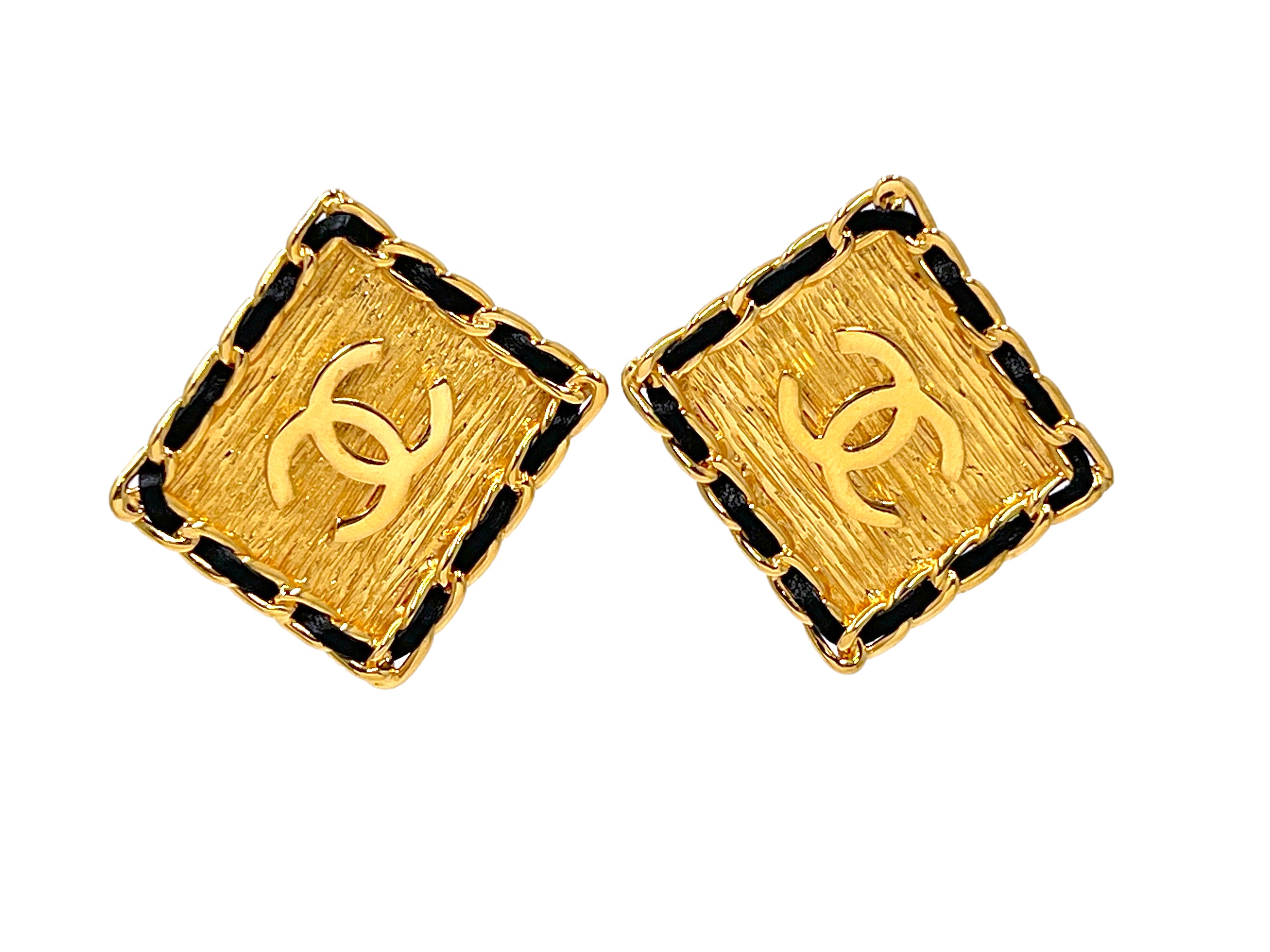 Chanel Giant Stud Earrings Vintage Collection 26 Square CC Logo Woven Chain Framed