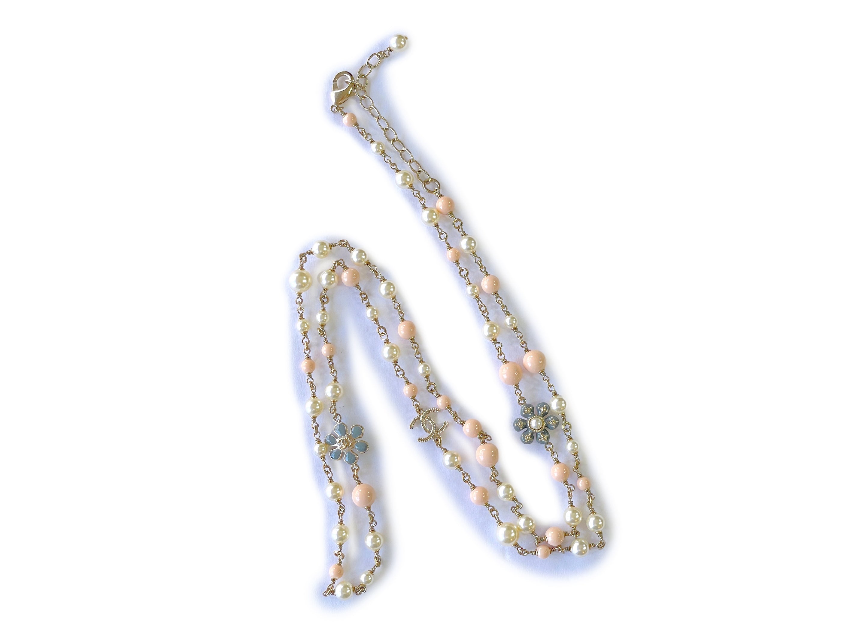 Chanel 18C Pink Gray-Blue Pearl and Bead Long Station Necklace