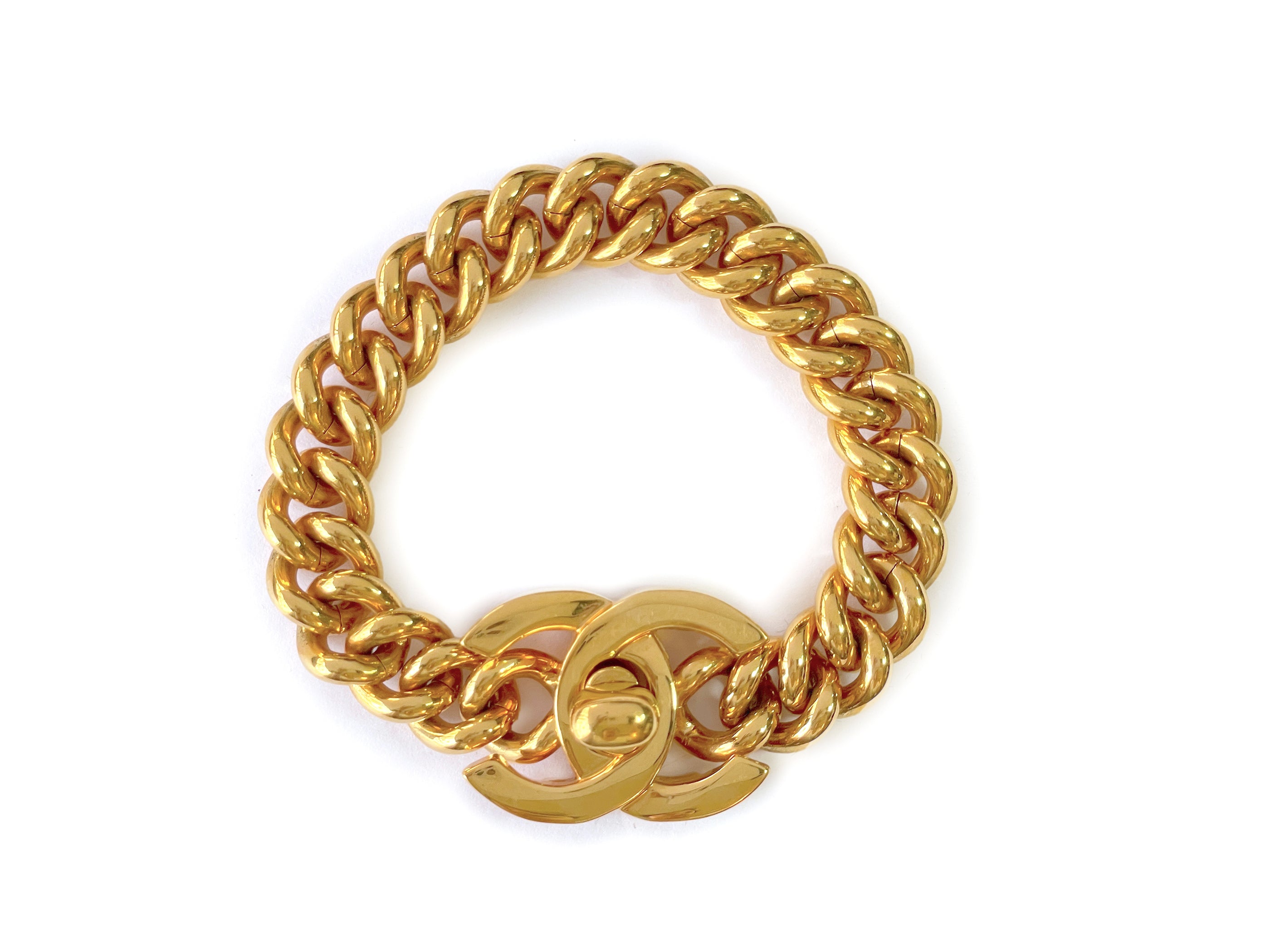 Chanel Vintage 96P Turnlock Chain Bracelet 24k Gold Plated
