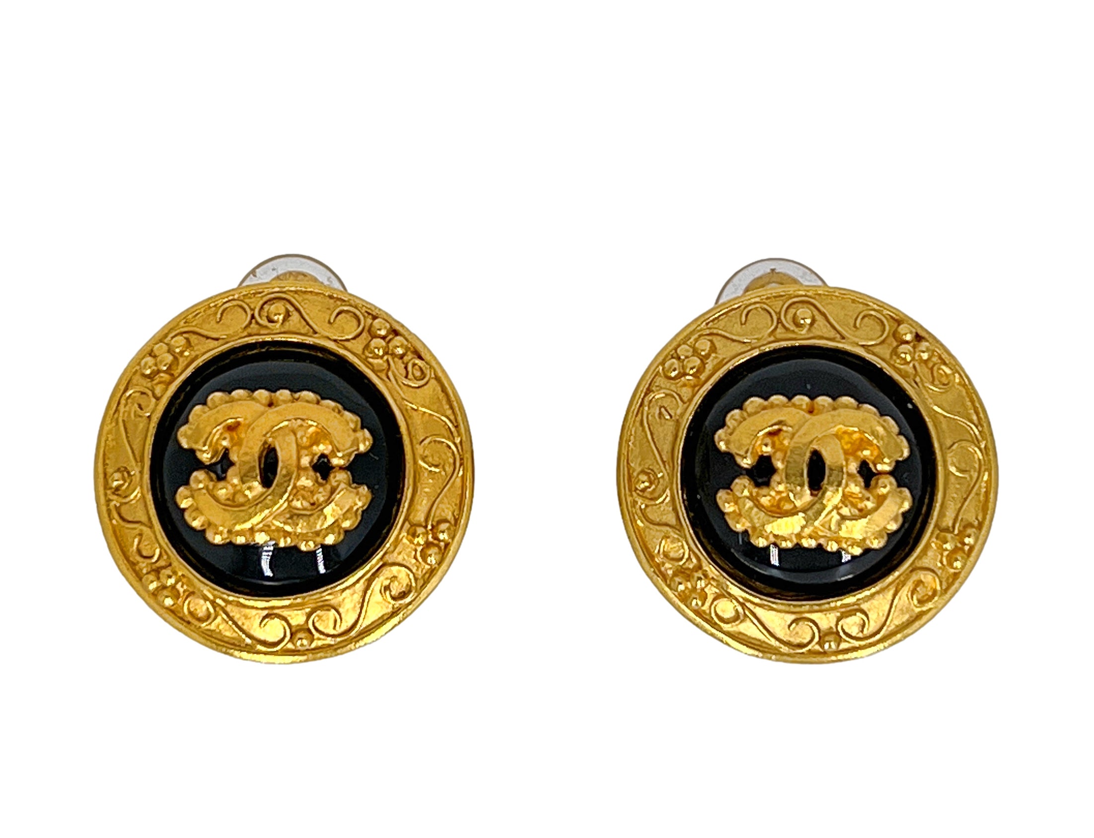 Chanel Vintage 96A Baroque Black and Gold CC Logo Stud Earrings