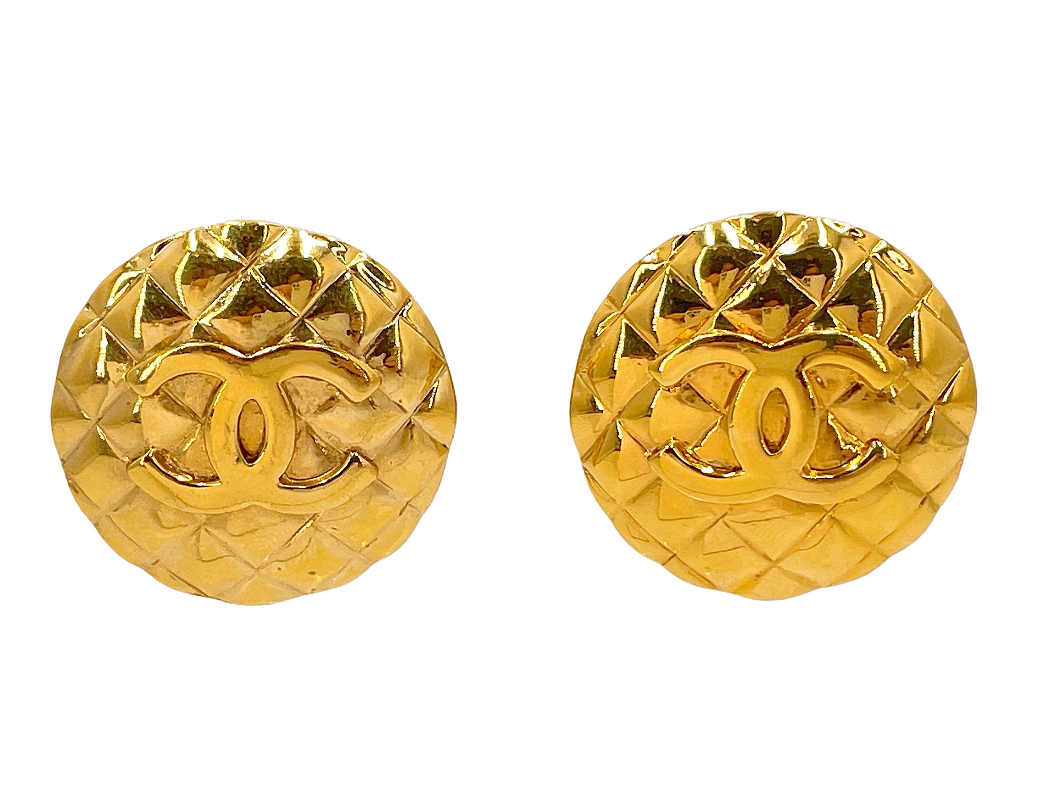 Chanel Vintage 93P Giant Button Logo Quilted Stud Earrings