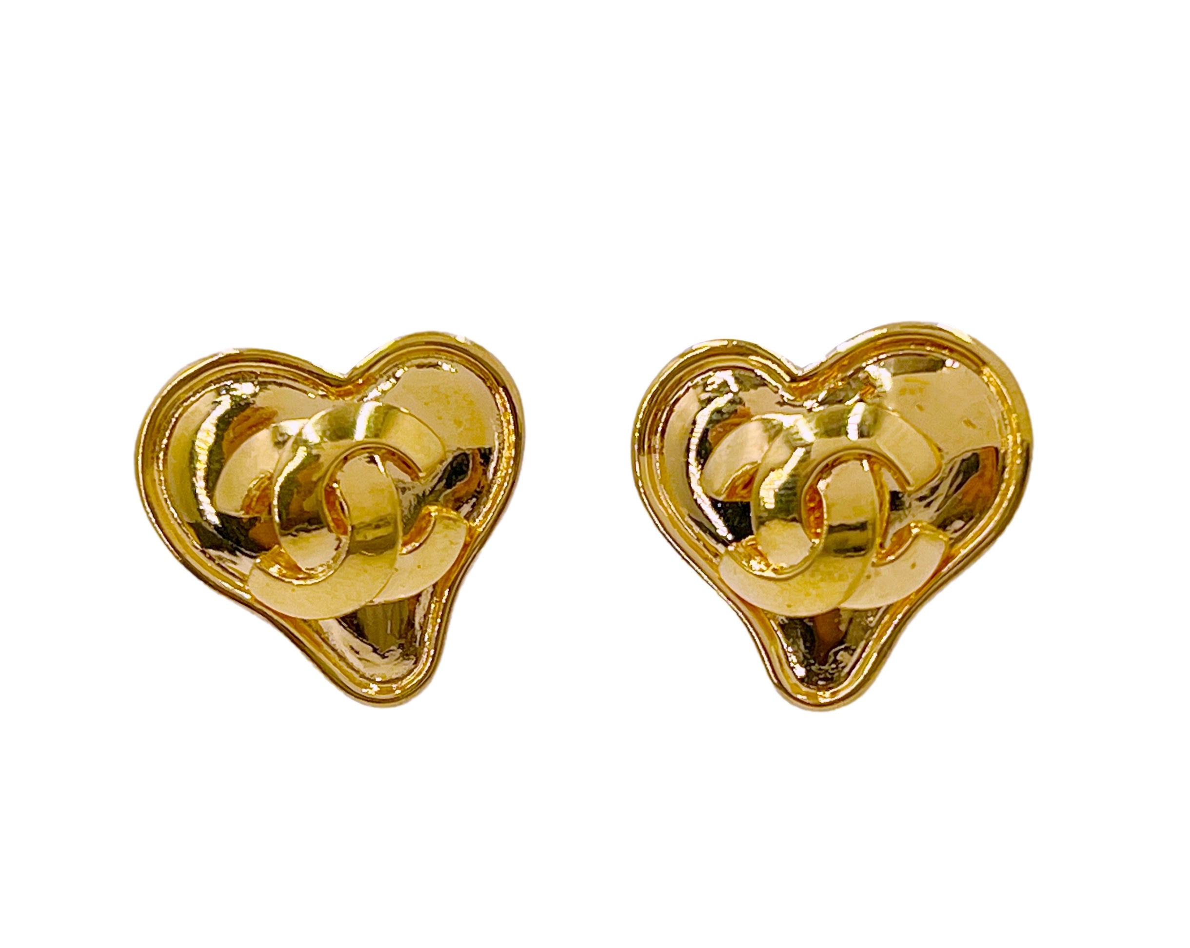 Chanel Vintage 95P Solid Heart CC Logo Stud Earrings