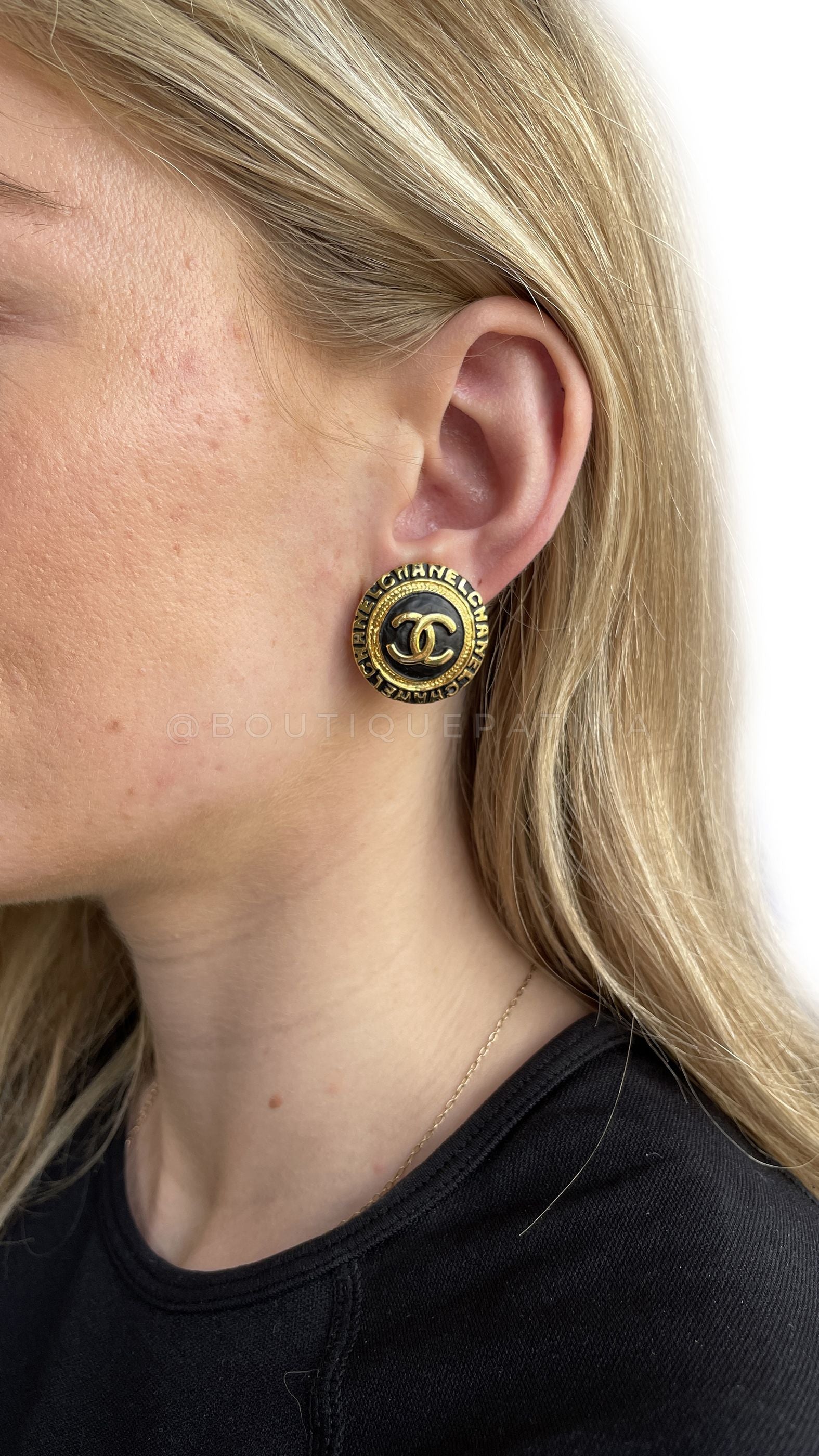 Chanel Vintage Black and Gold Logo Stud Earrings