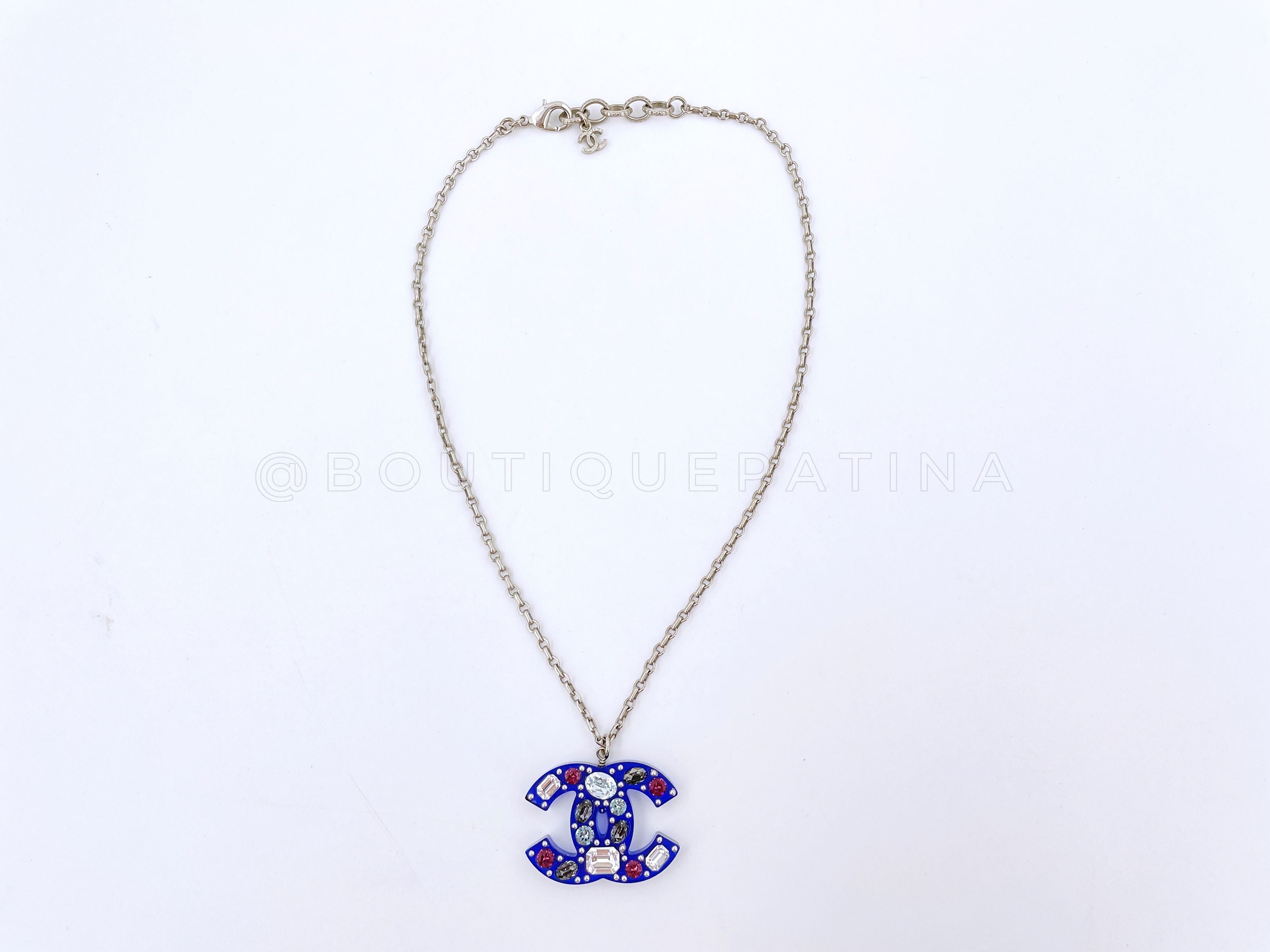 Chanel 18P Blue Crystal Embedded Resin CC Logo Pendant Necklace Silver