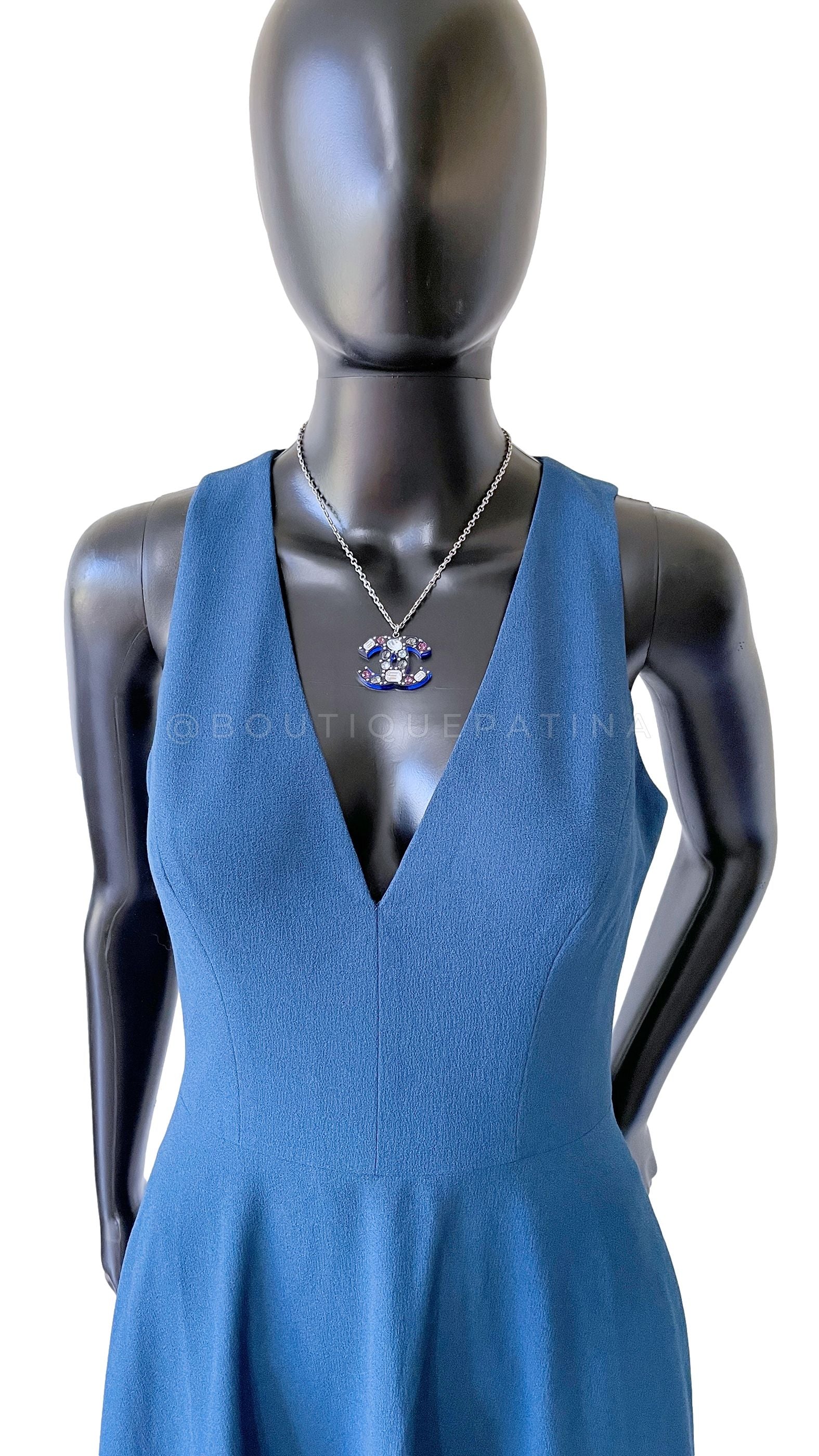 Chanel 18P Blue Crystal Embedded Resin CC Logo Pendant Necklace Silver