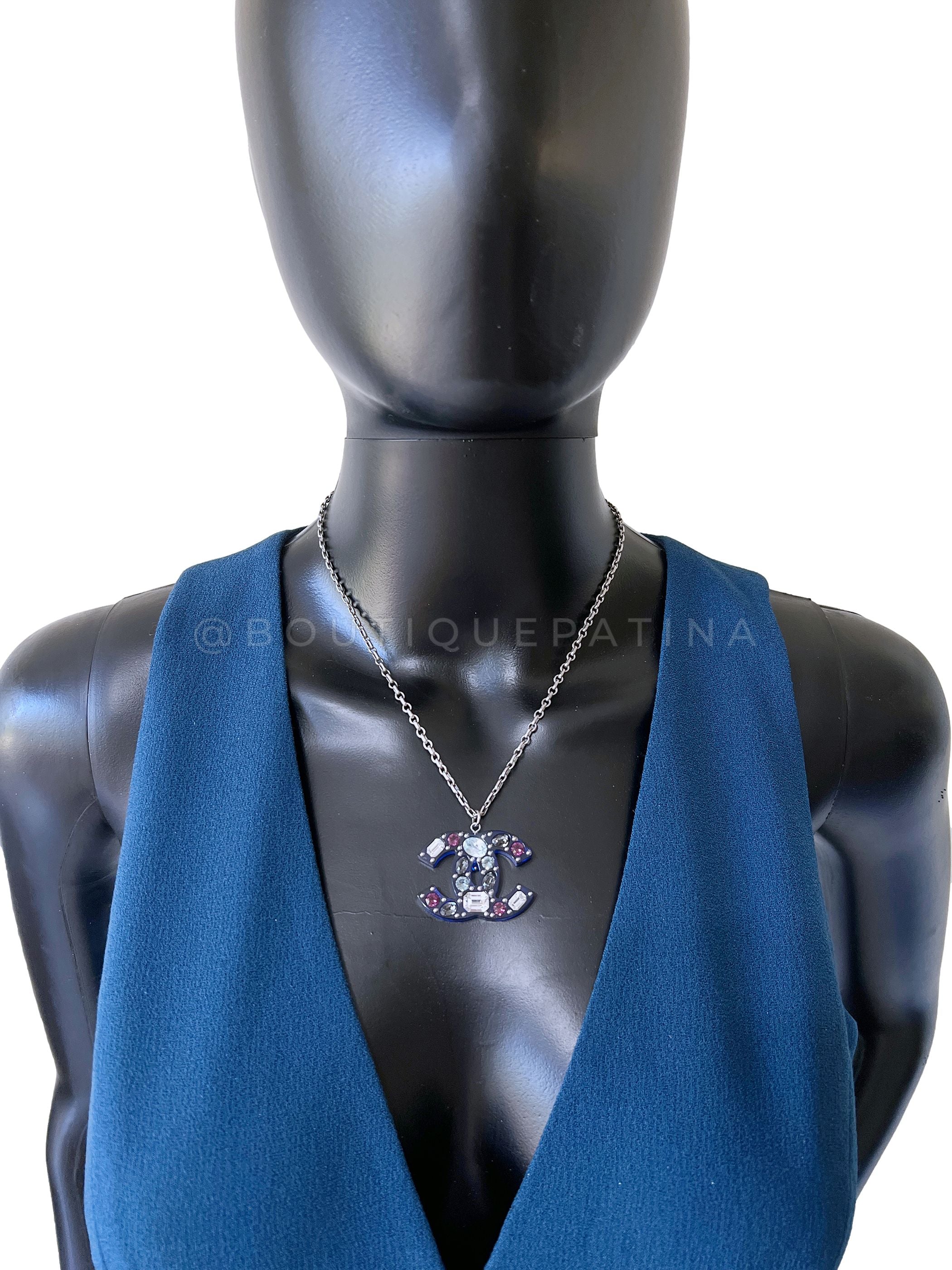 Chanel 18P Blue Crystal Embedded Resin CC Logo Pendant Necklace Silver