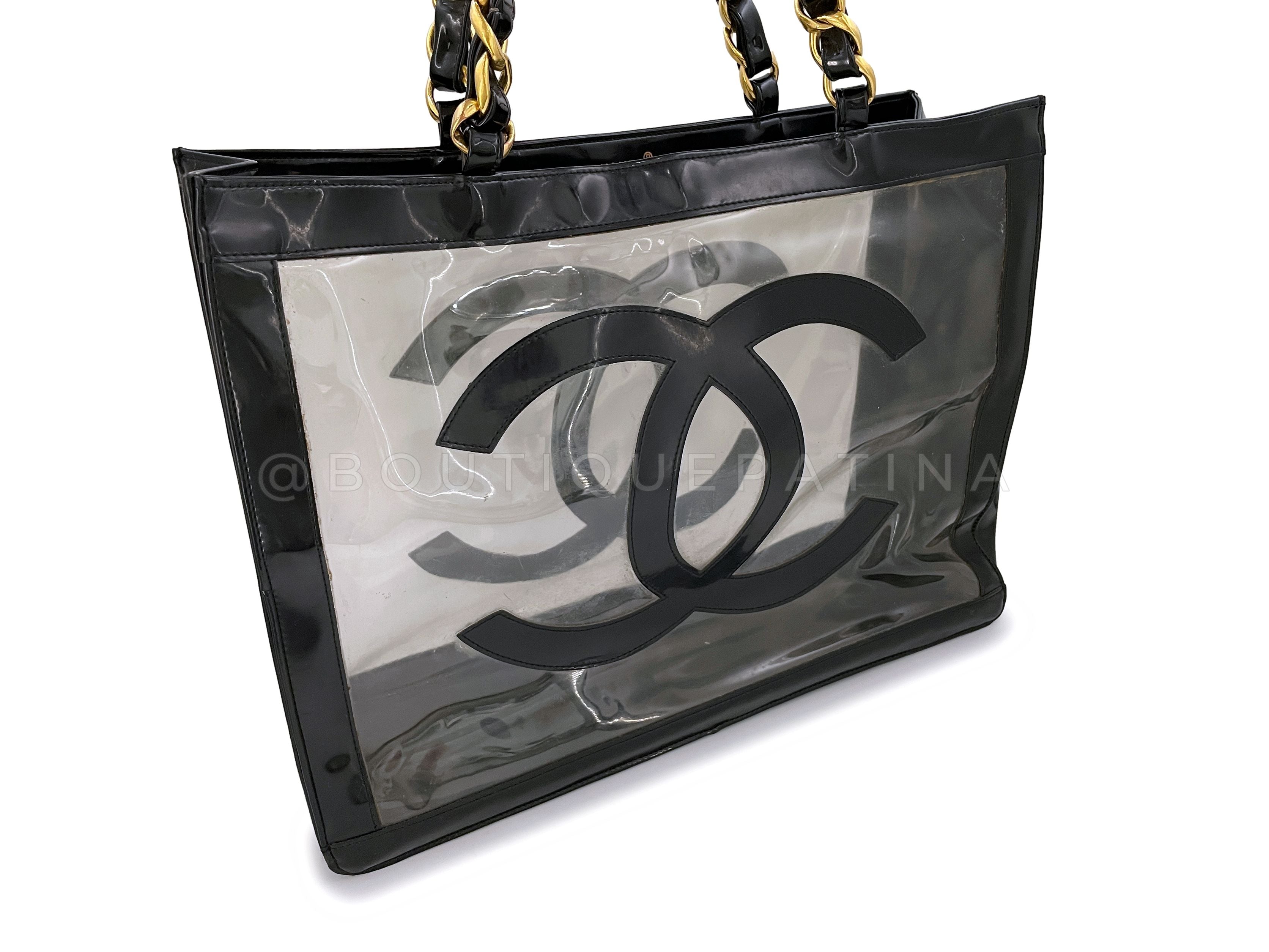 Chanel Vintage Clear Black Patent PVC Chunky Chain Tote Bag 24k GHW