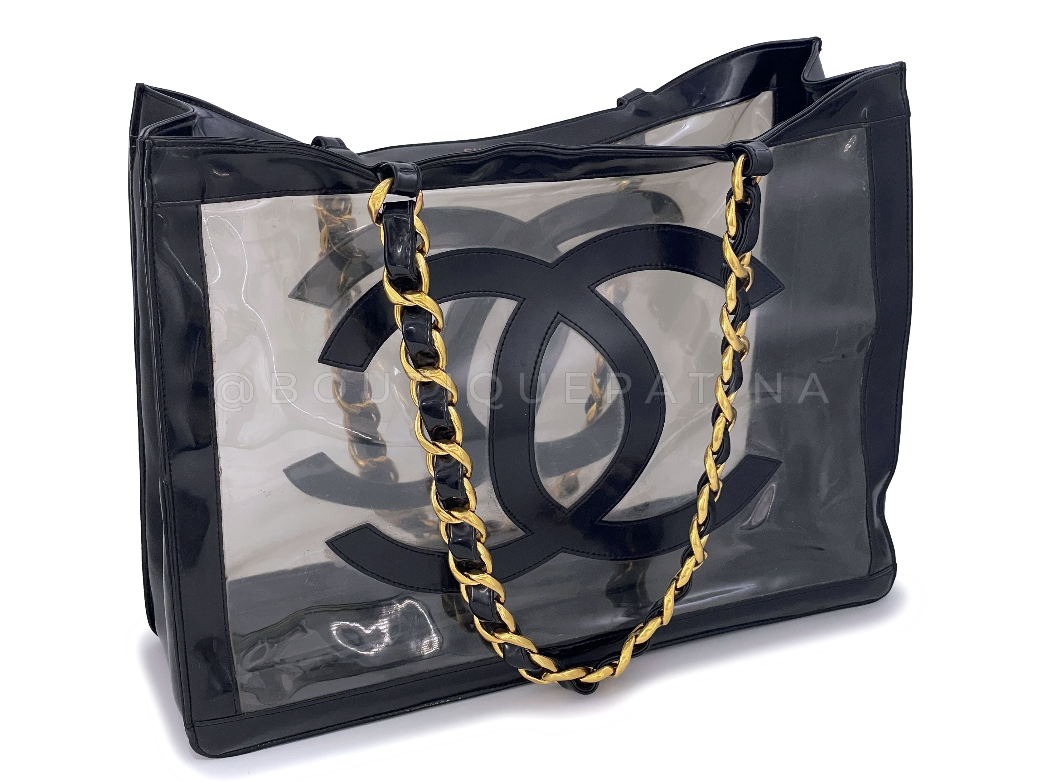 Chanel Vintage Clear Black Patent PVC Chunky Chain Tote Bag 24k GHW