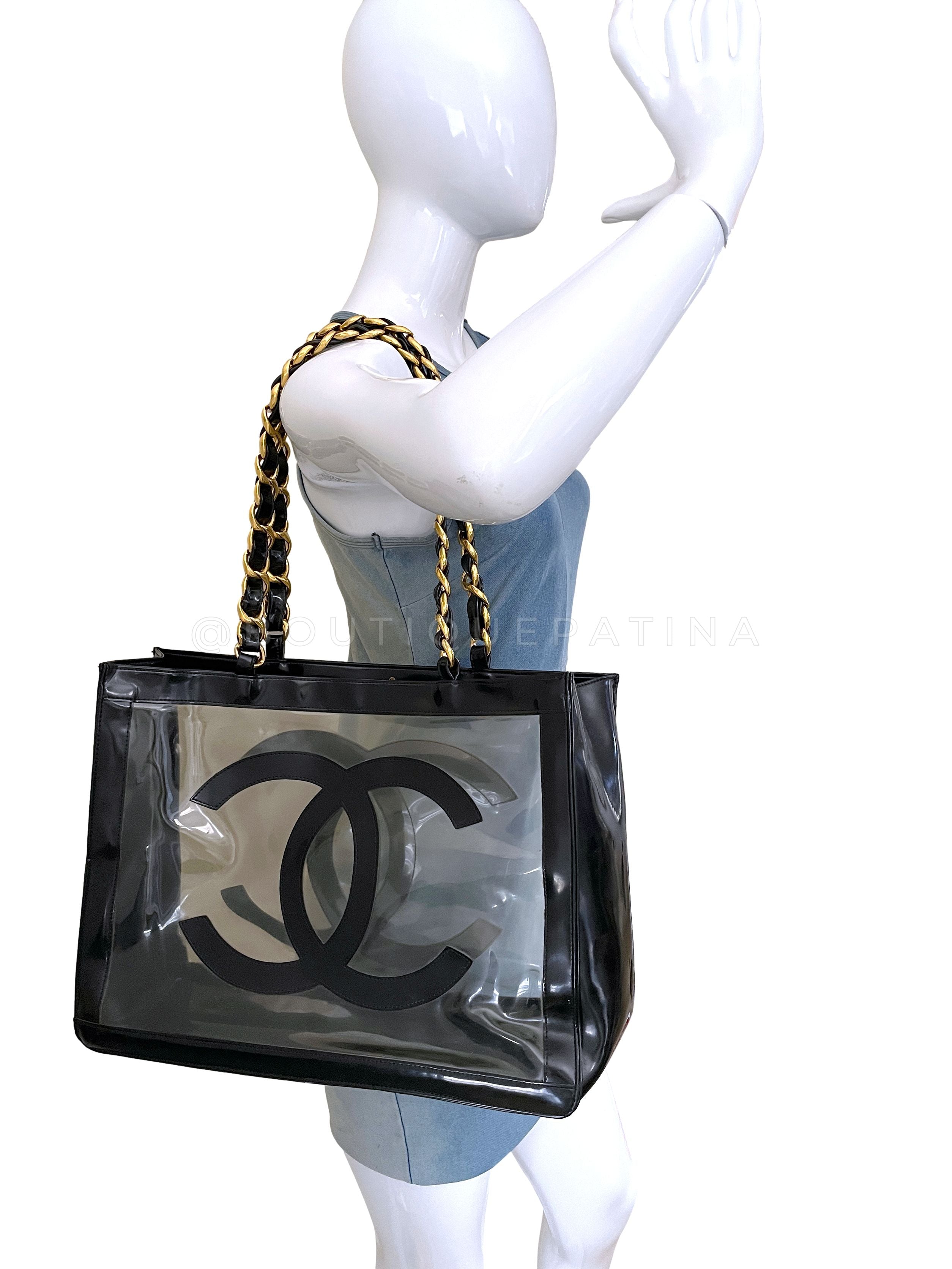 Chanel Vintage Clear Black Patent PVC Chunky Chain Tote Bag 24k GHW