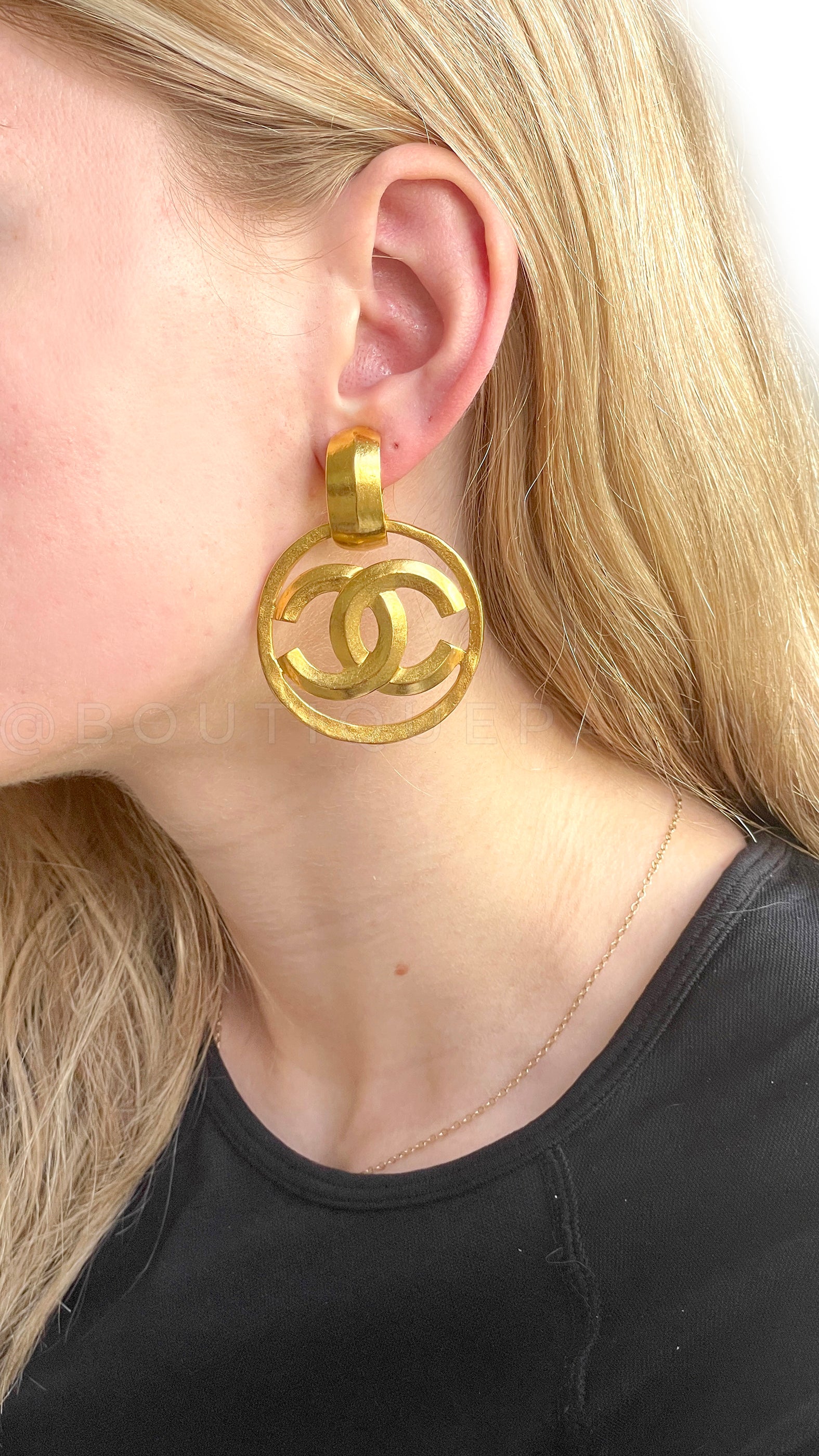 Chanel 96P Vintage Encircled CC Dangle Hoop Earrings Gold Plated