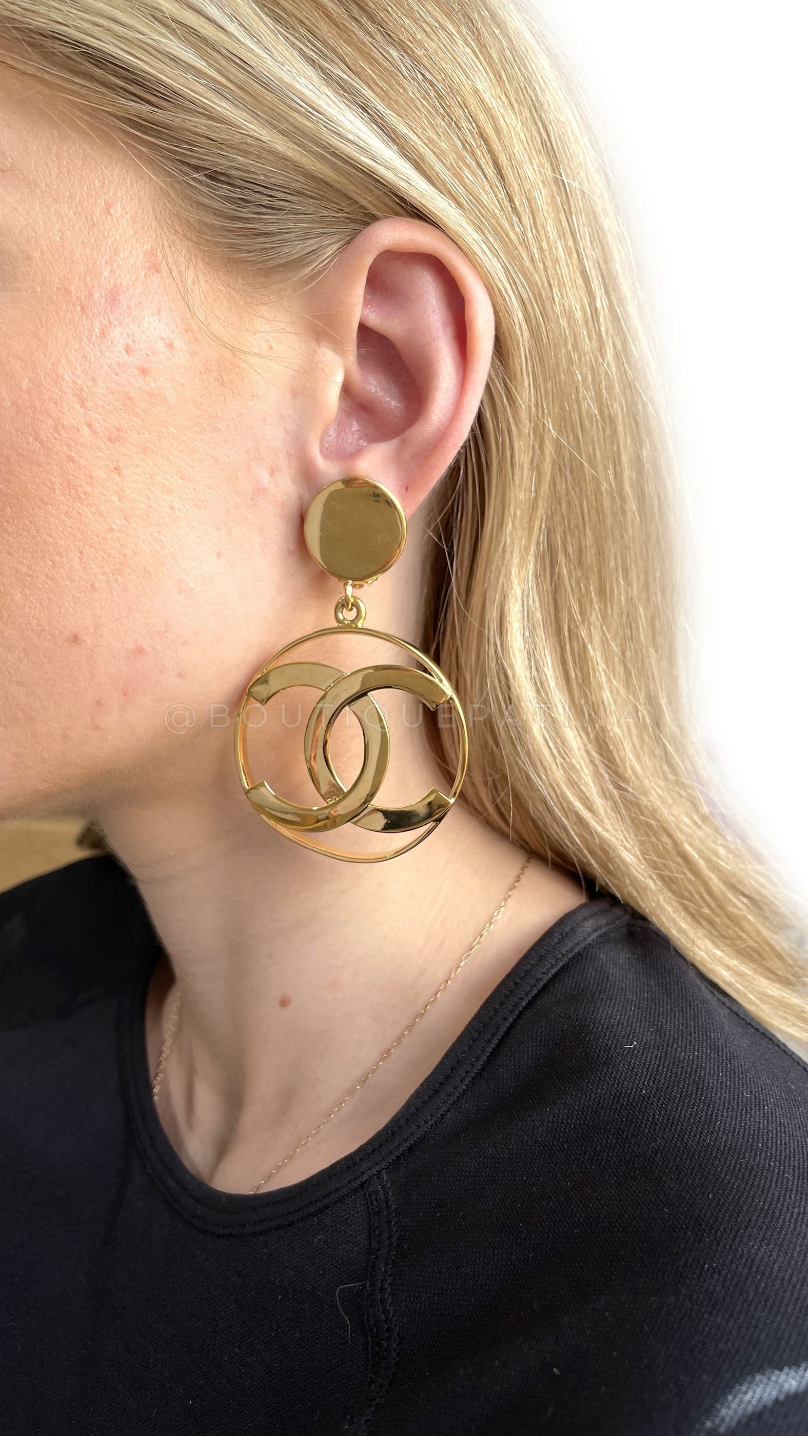 Chanel 80s Vintage Large Hoop Dangle CC Statement Earrings