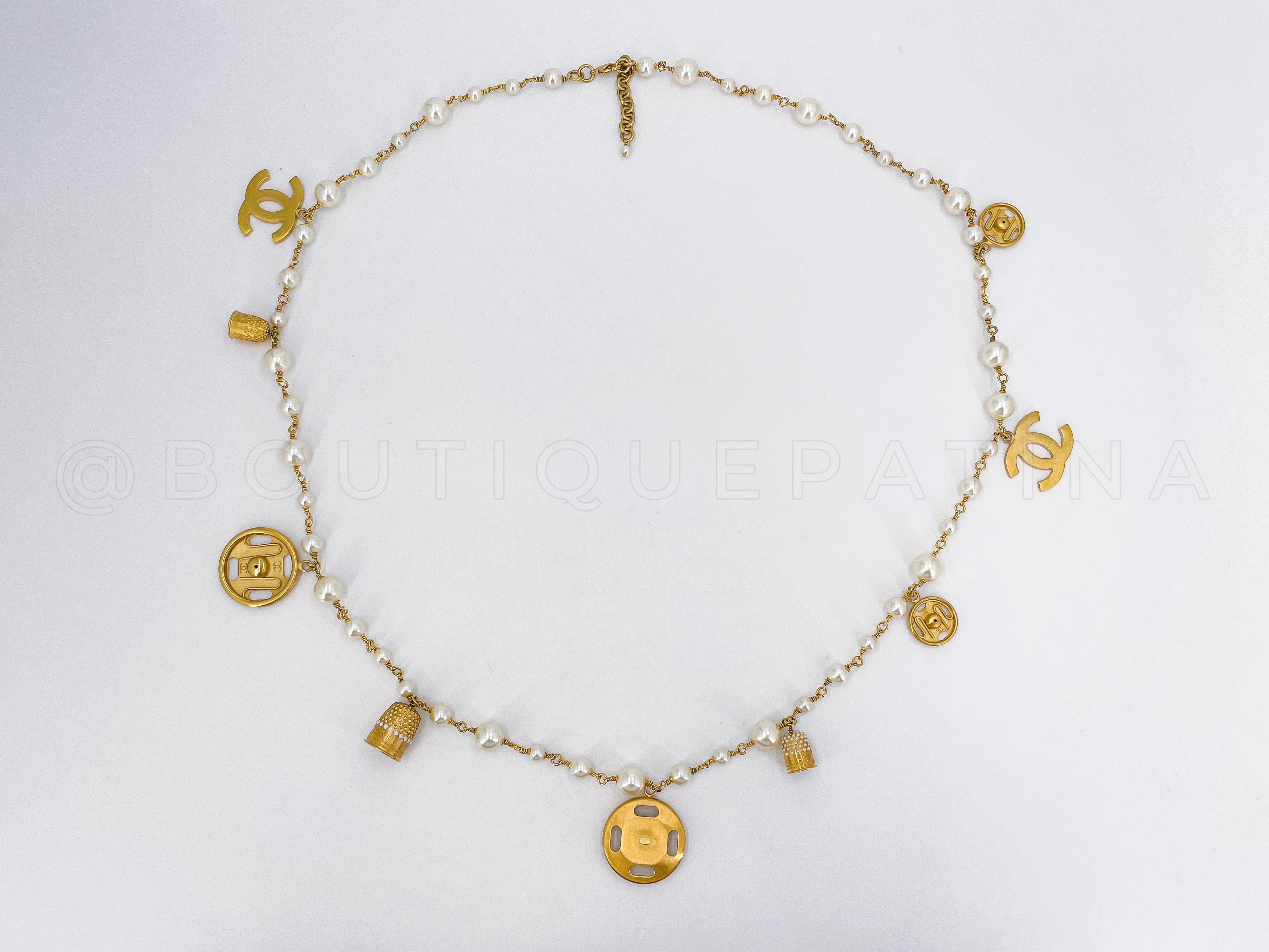 Rare Chanel 03A Seamstress Charm Belt Necklace Pearl Brushed Gold
