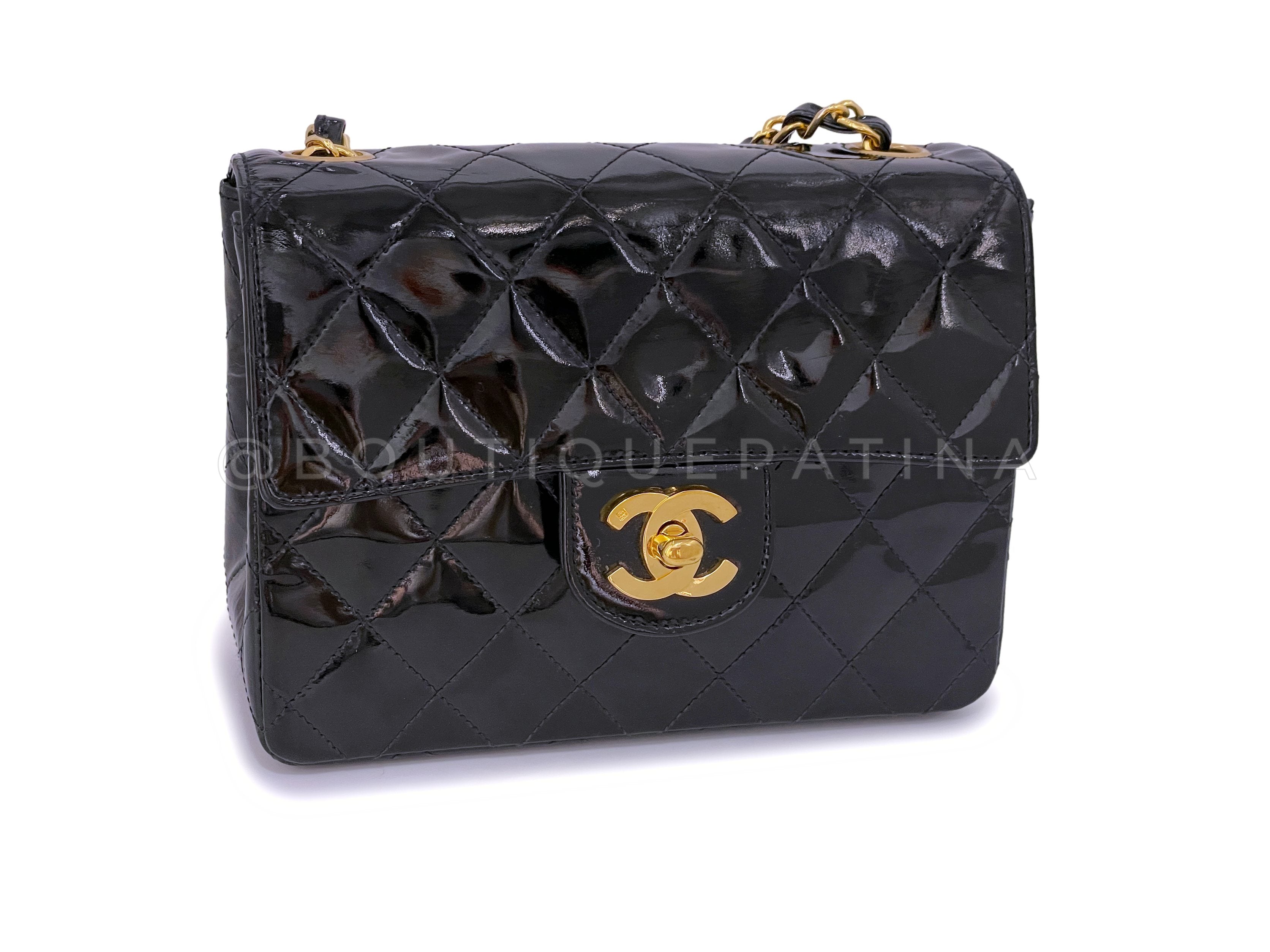 Chanel 1989 Vintage Black Patent Square Mini Flap Bag 24 GHW