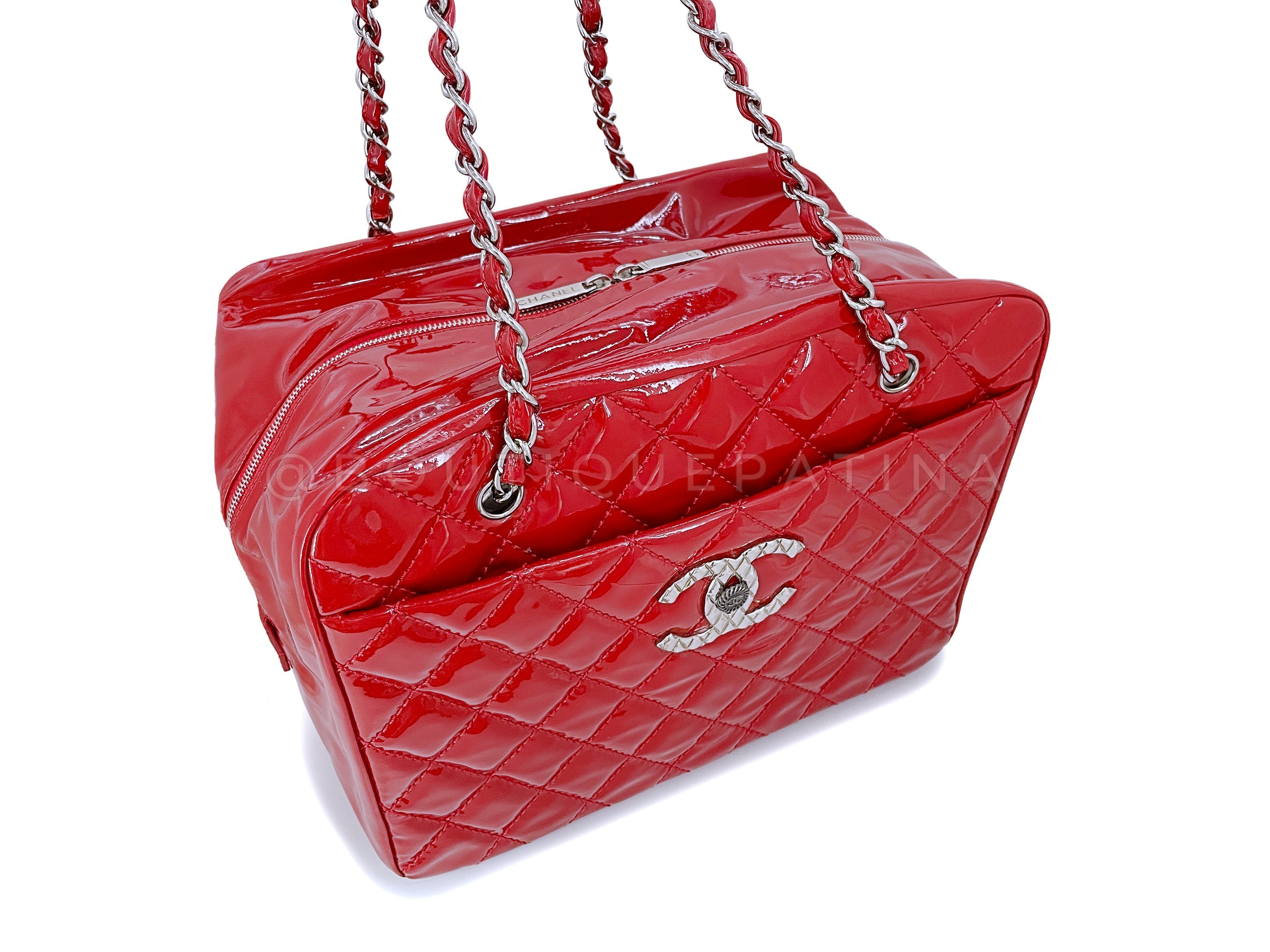 Chanel Red Luxury Giant XL Brilliant CC Patent Luggage Shopper Tote Bag