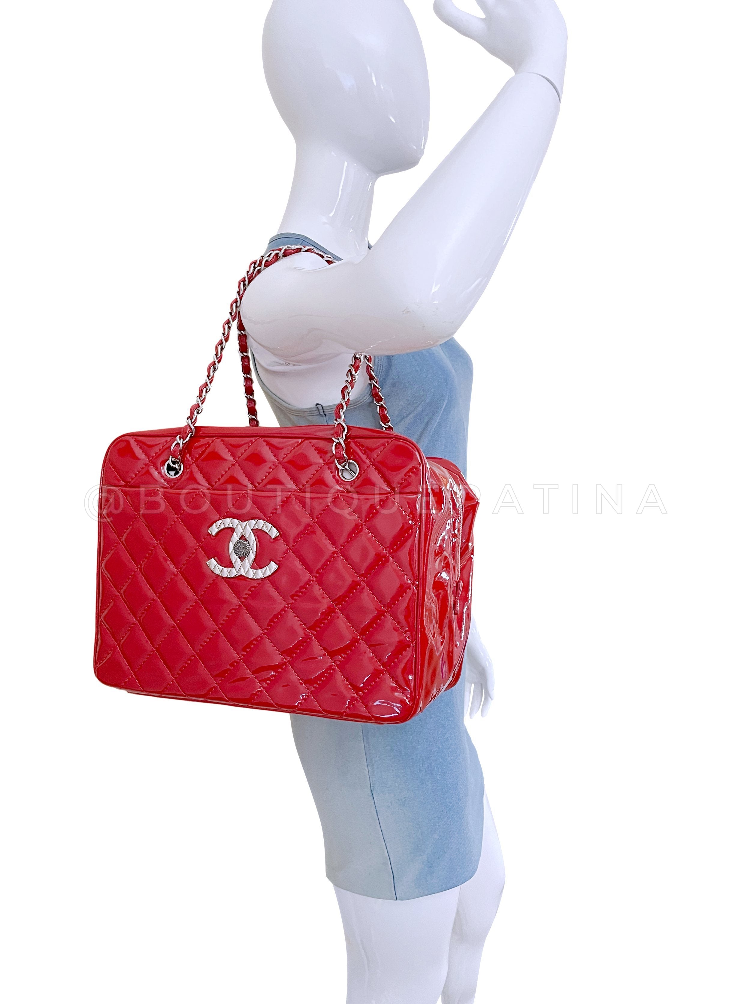 Chanel Red Luxury Giant XL Brilliant CC Patent Luggage Shopper Tote Bag