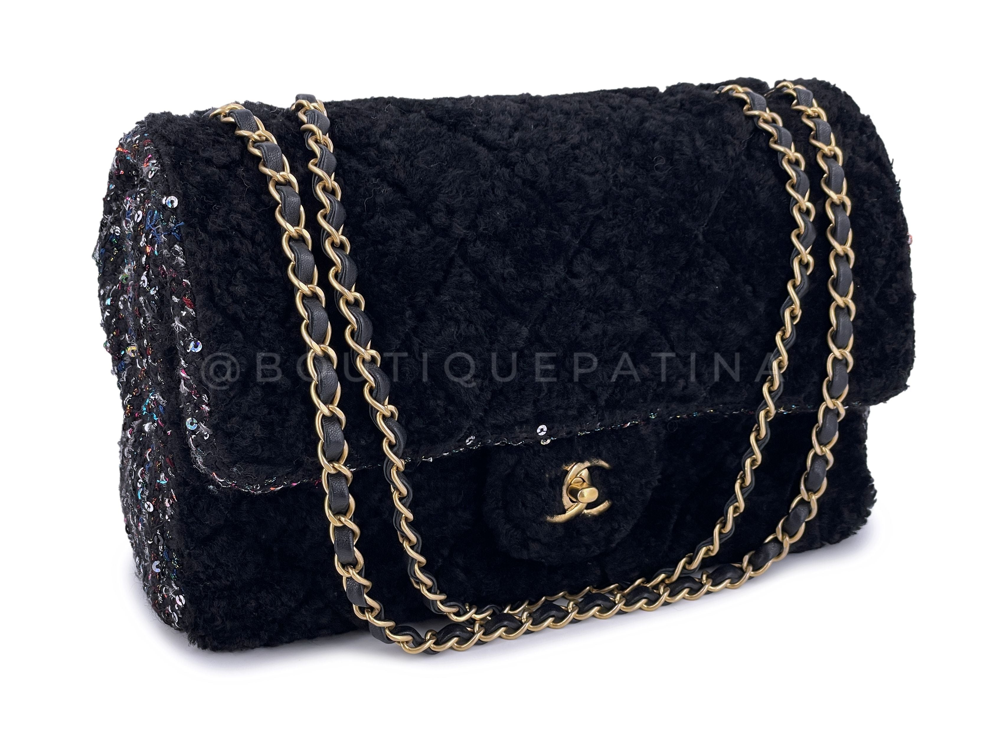 Chanel 2020 Shearling Fantasy Tweed Jumbo Classic Flap Bag GHW