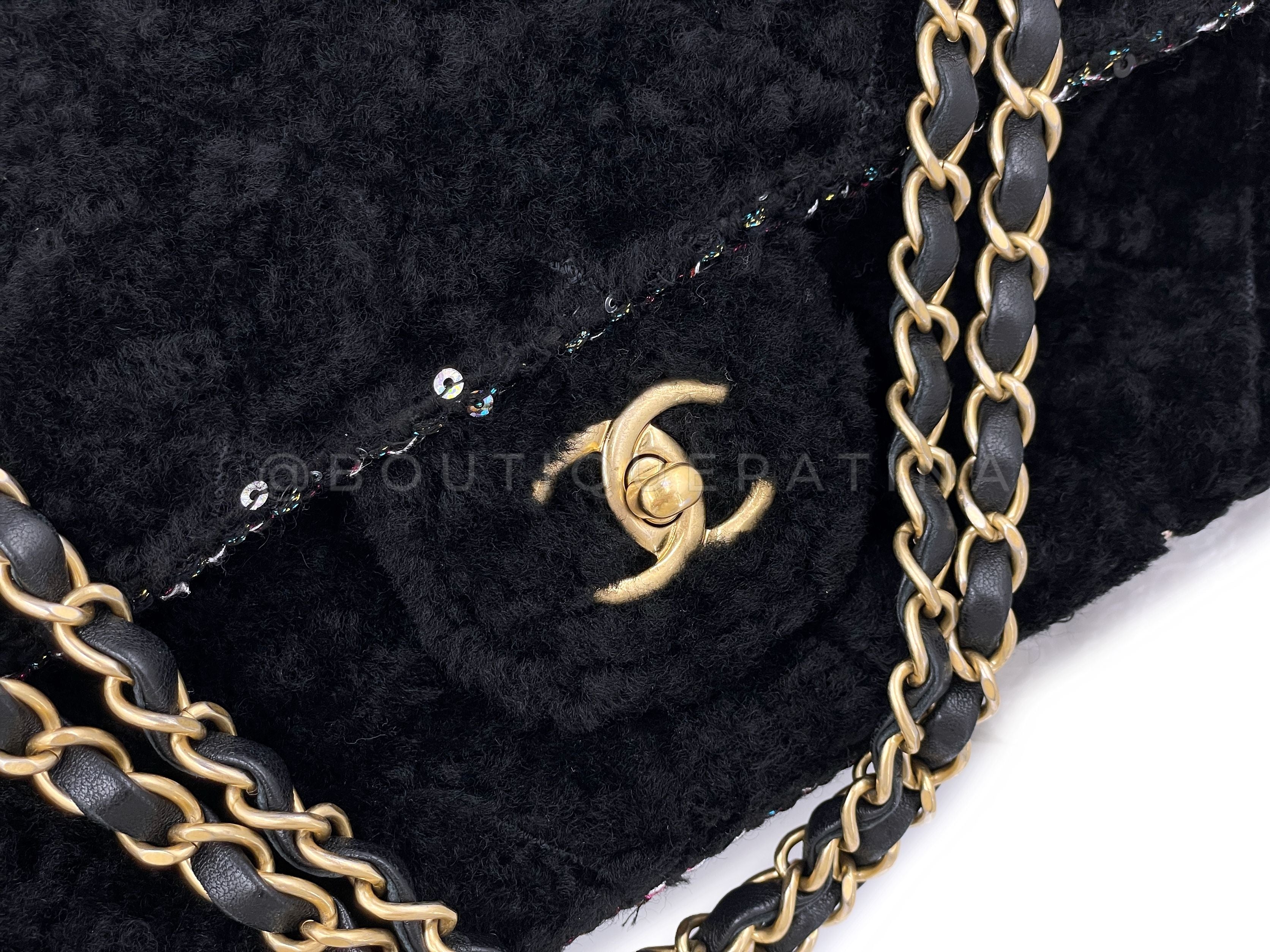Chanel 2020 Shearling Fantasy Tweed Jumbo Classic Flap Bag GHW